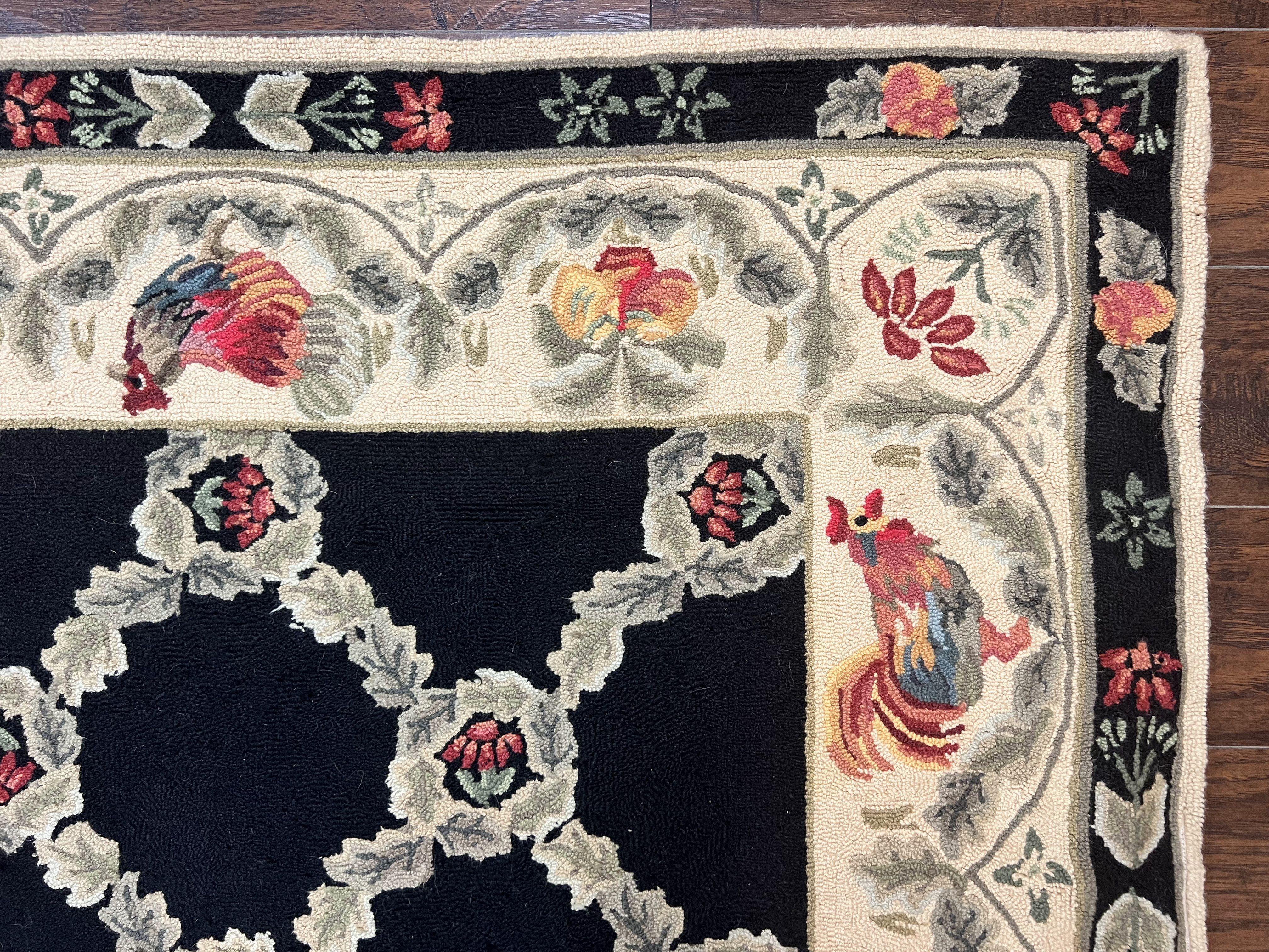 Hooked Rug 5x8, European Aubusson Pattern, Black and Ivory, Roses & Roosters, Vintage Wool Rug - Image 7