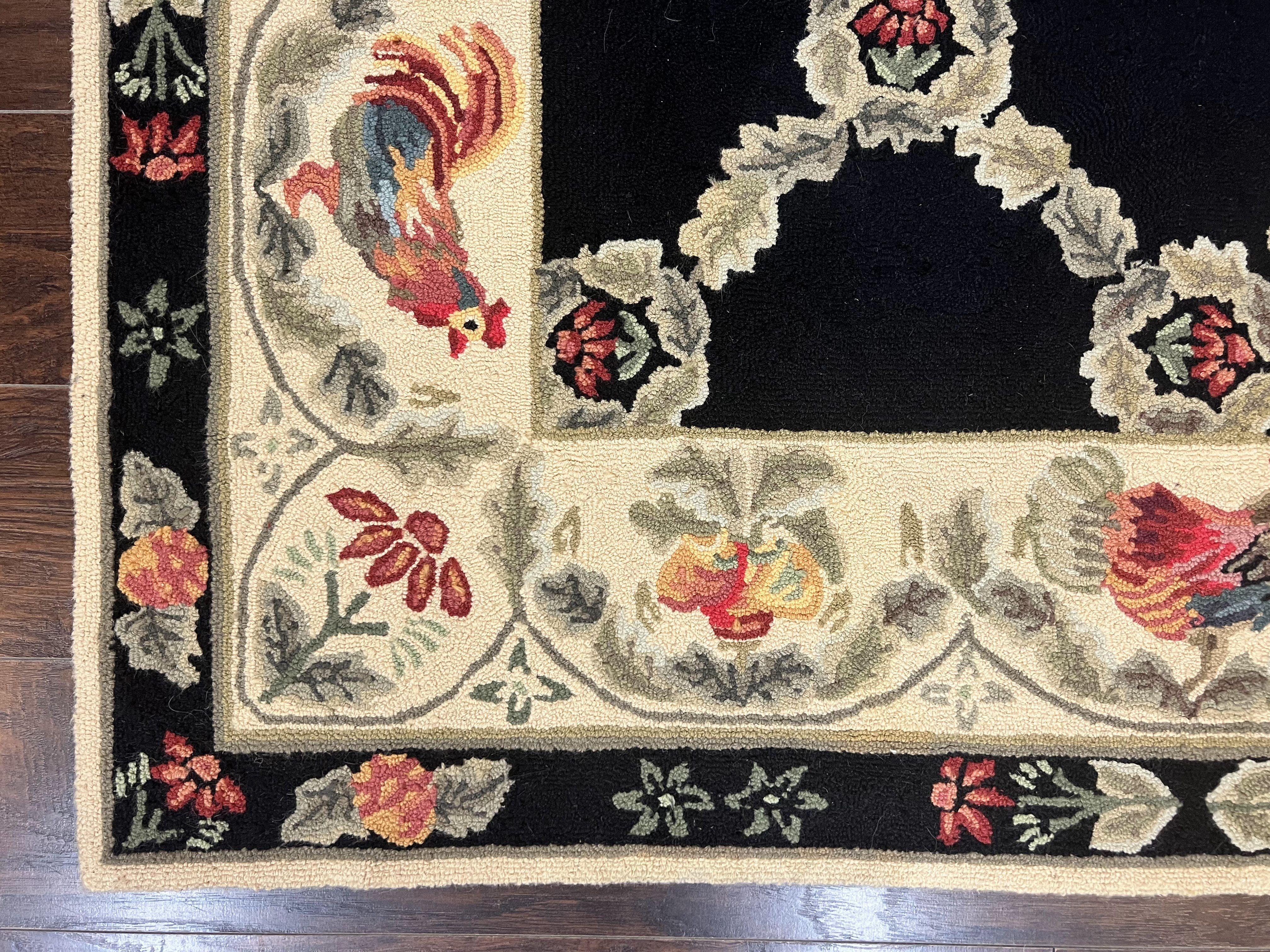 Hooked Rug 5x8, European Aubusson Pattern, Black and Ivory, Roses & Roosters, Vintage Wool Rug - Image 8