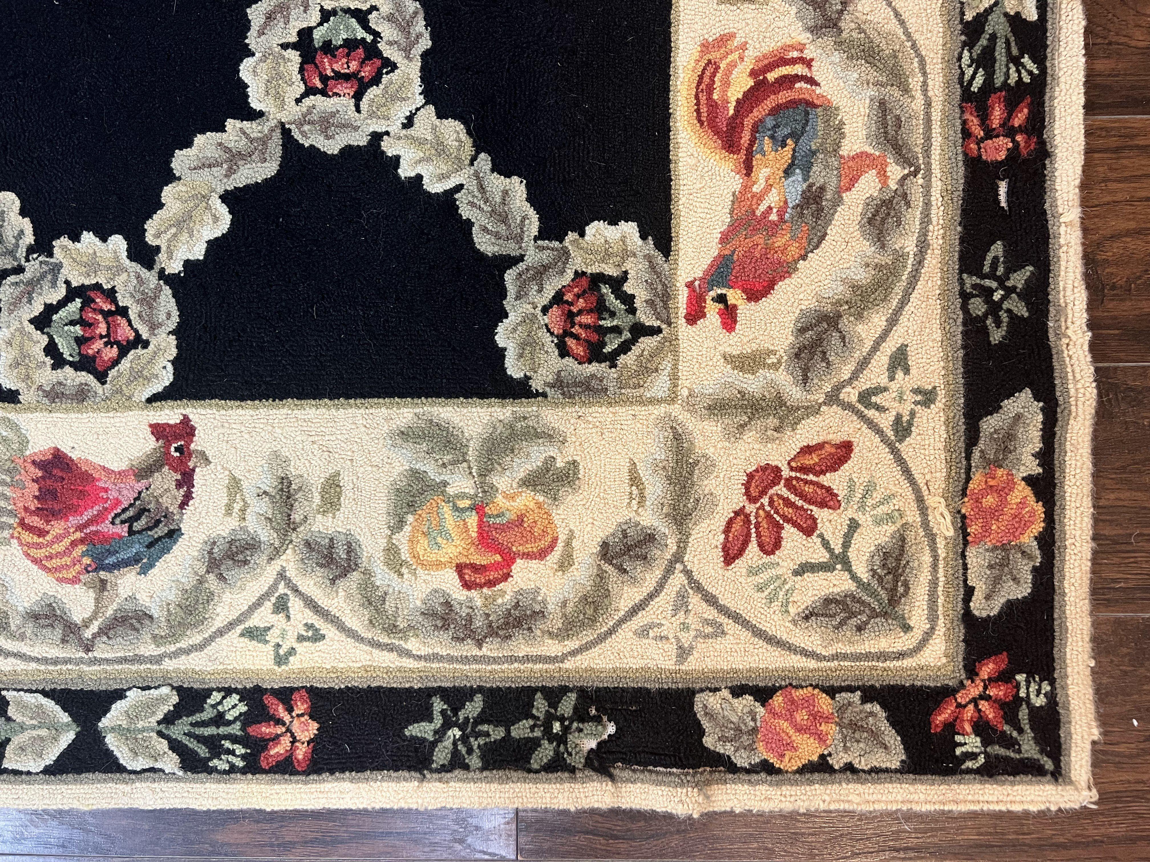 Hooked Rug 5x8, European Aubusson Pattern, Black and Ivory, Roses & Roosters, Vintage Wool Rug - Image 9
