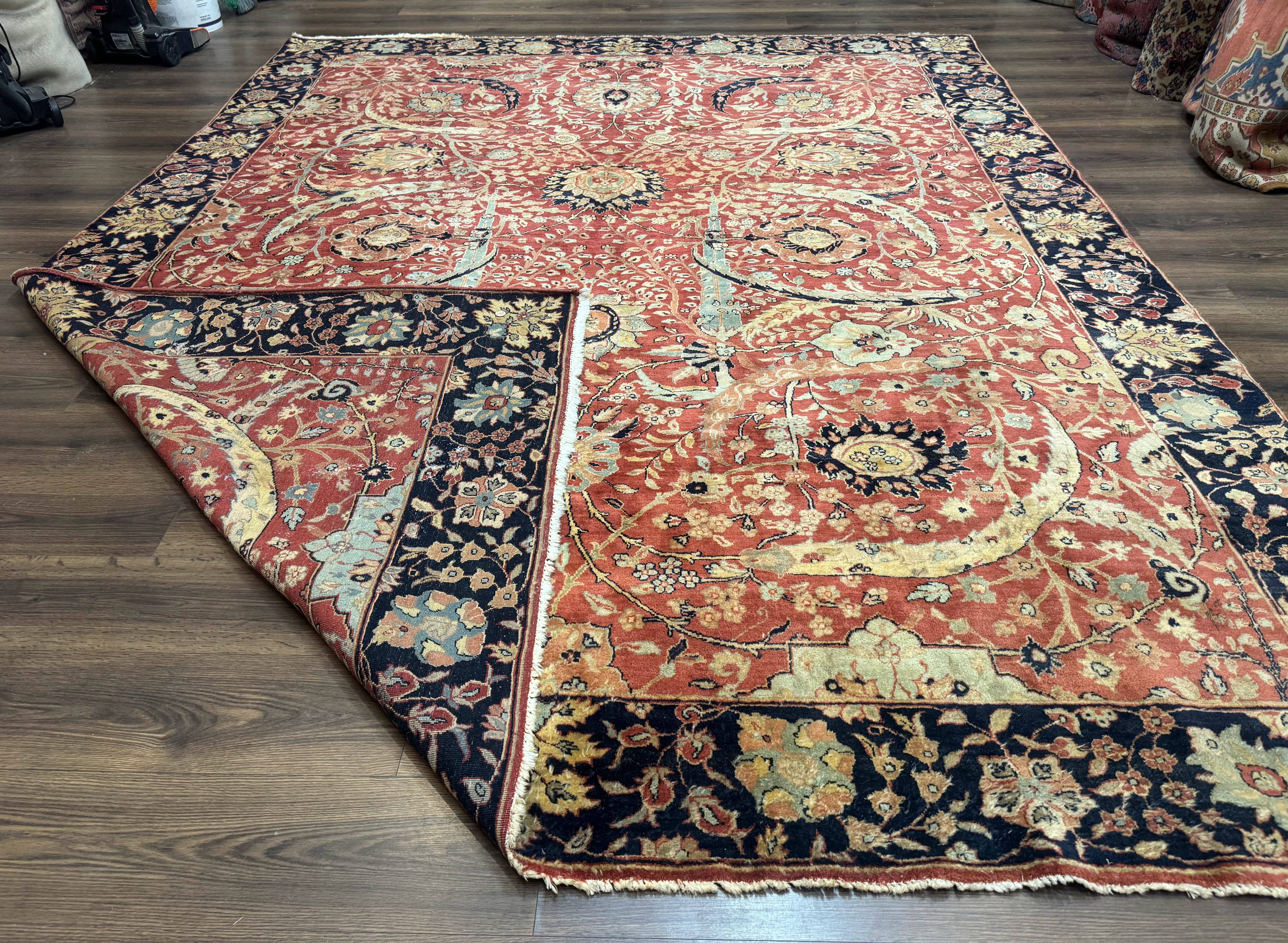 Indian Agra Rug 9x11, Terracotta and Navy Blue, Sickle Leaf Rug - Image 11
