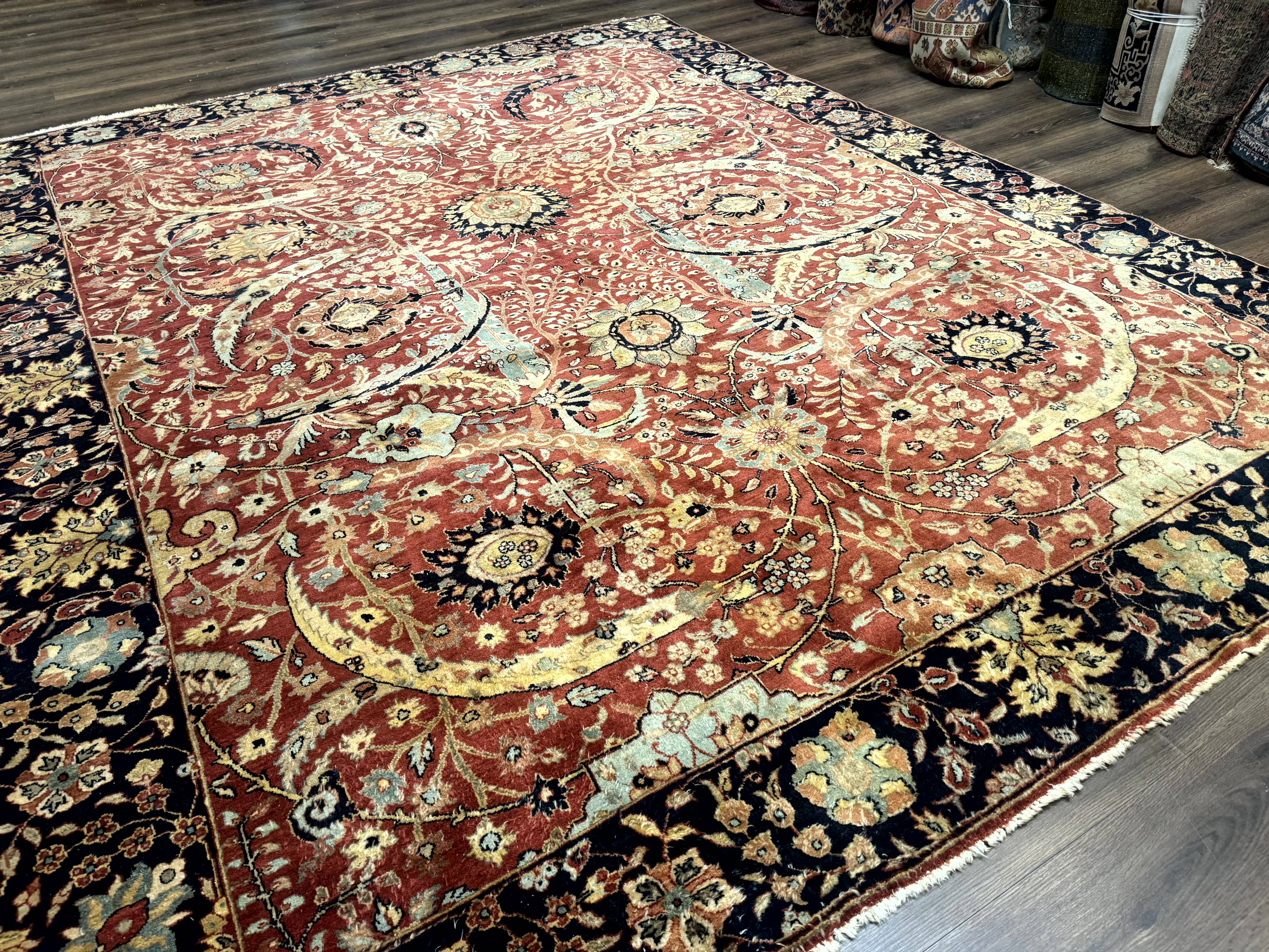 Indian Agra Rug 9x11, Terracotta and Navy Blue, Sickle Leaf Rug - Image 12