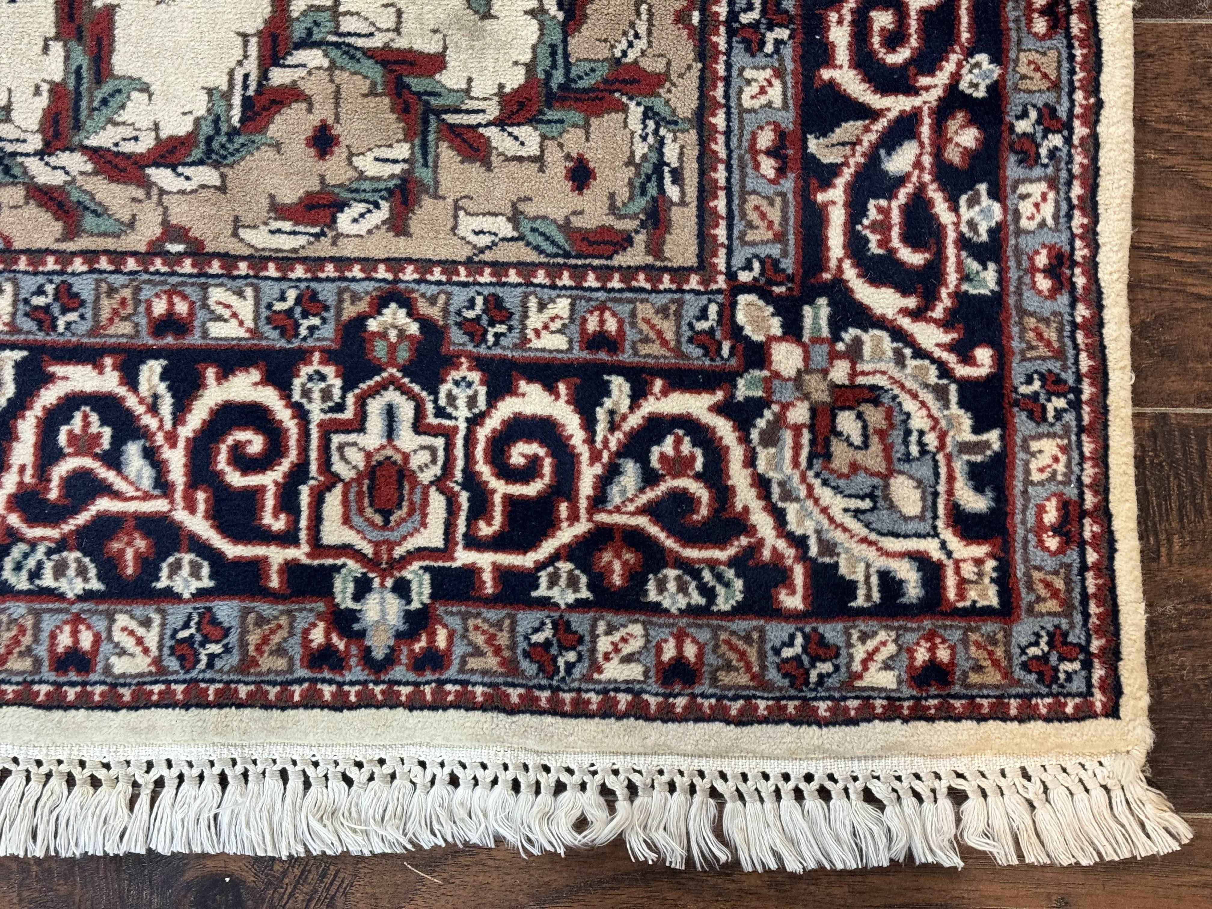 Indian Kashmiri Rug 4x6, Ivory Beige Navy Blue, Traditional Indo Persian Rug - Image 9
