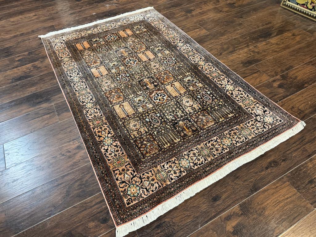 Indian Kashmiri Silk Rug 4x6, Panel Design, Multicolor, Fine - Image 2