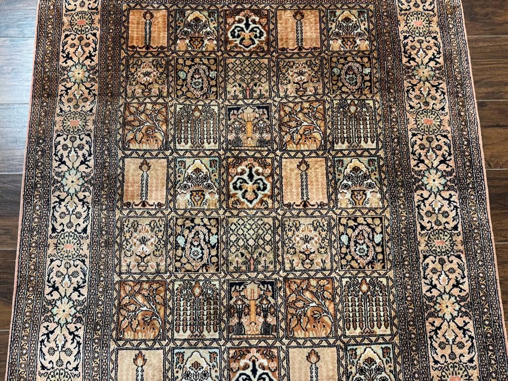 Indian Kashmiri Silk Rug 4x6, Panel Design, Multicolor, Fine - Image 4