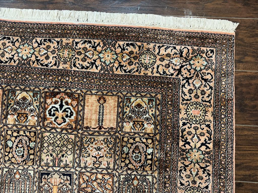 Indian Kashmiri Silk Rug 4x6, Panel Design, Multicolor, Fine - Image 7