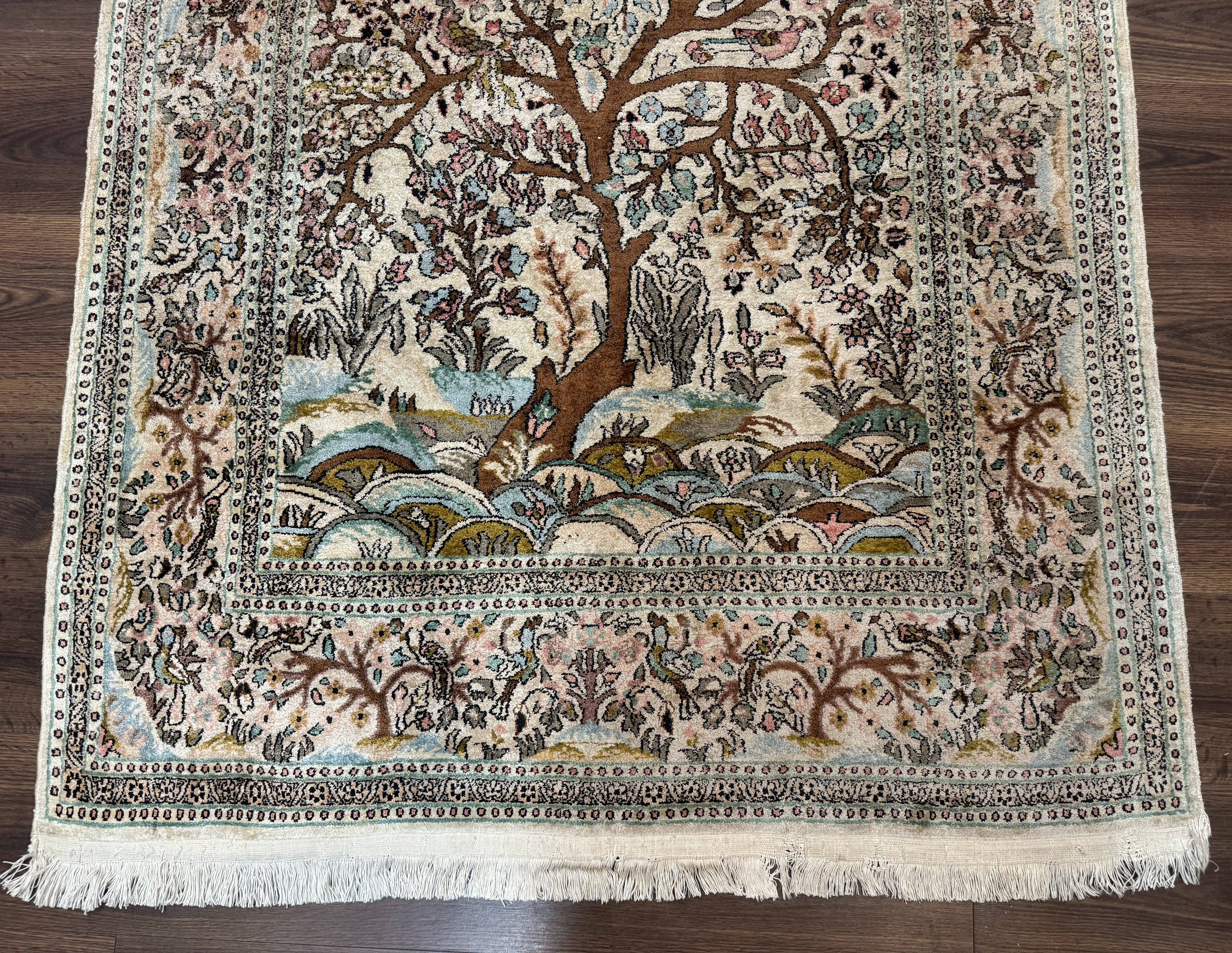 Indian Kashmiri Silk Rug 4x7, Tree of Life Design, Very Fine 380 KPSI, Birds - Image 6