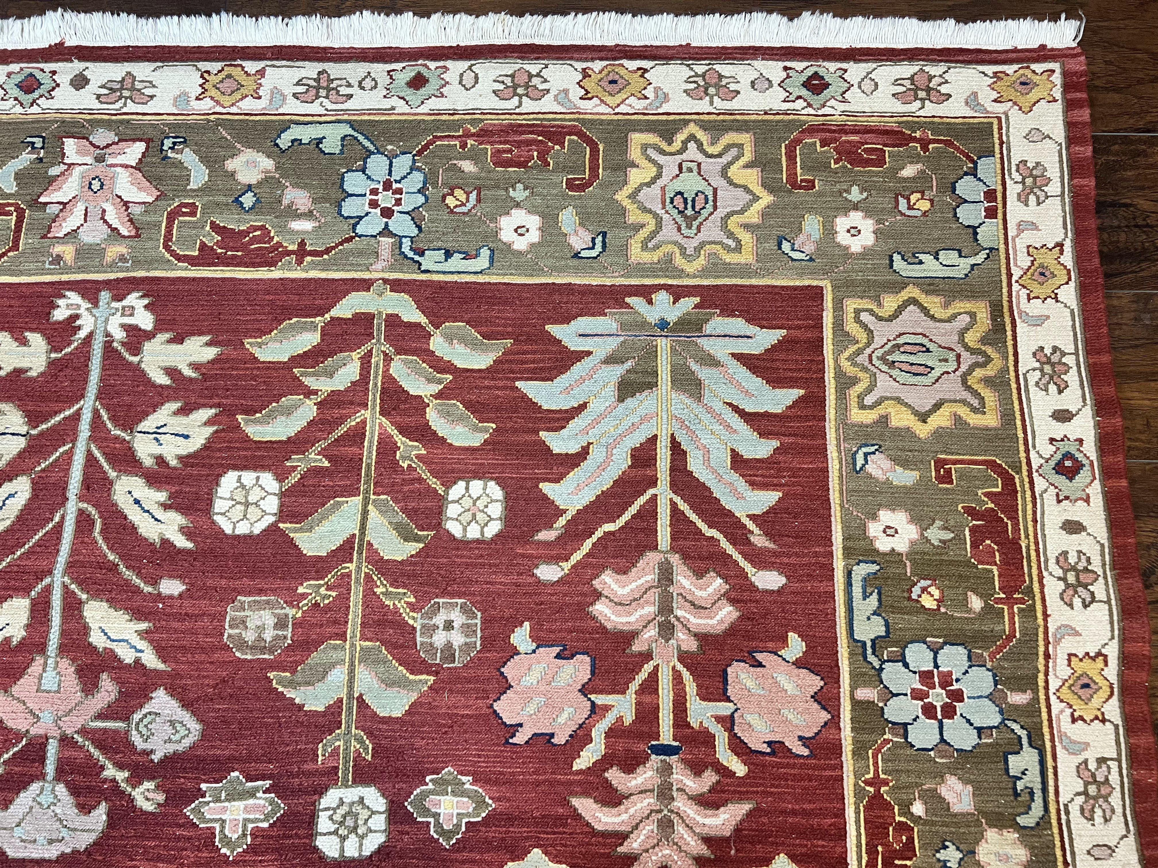 Indian Rug 10x14, Wool Hand Knotted Flatweave Carpet, Tree of Life, Red and Green - Image 7