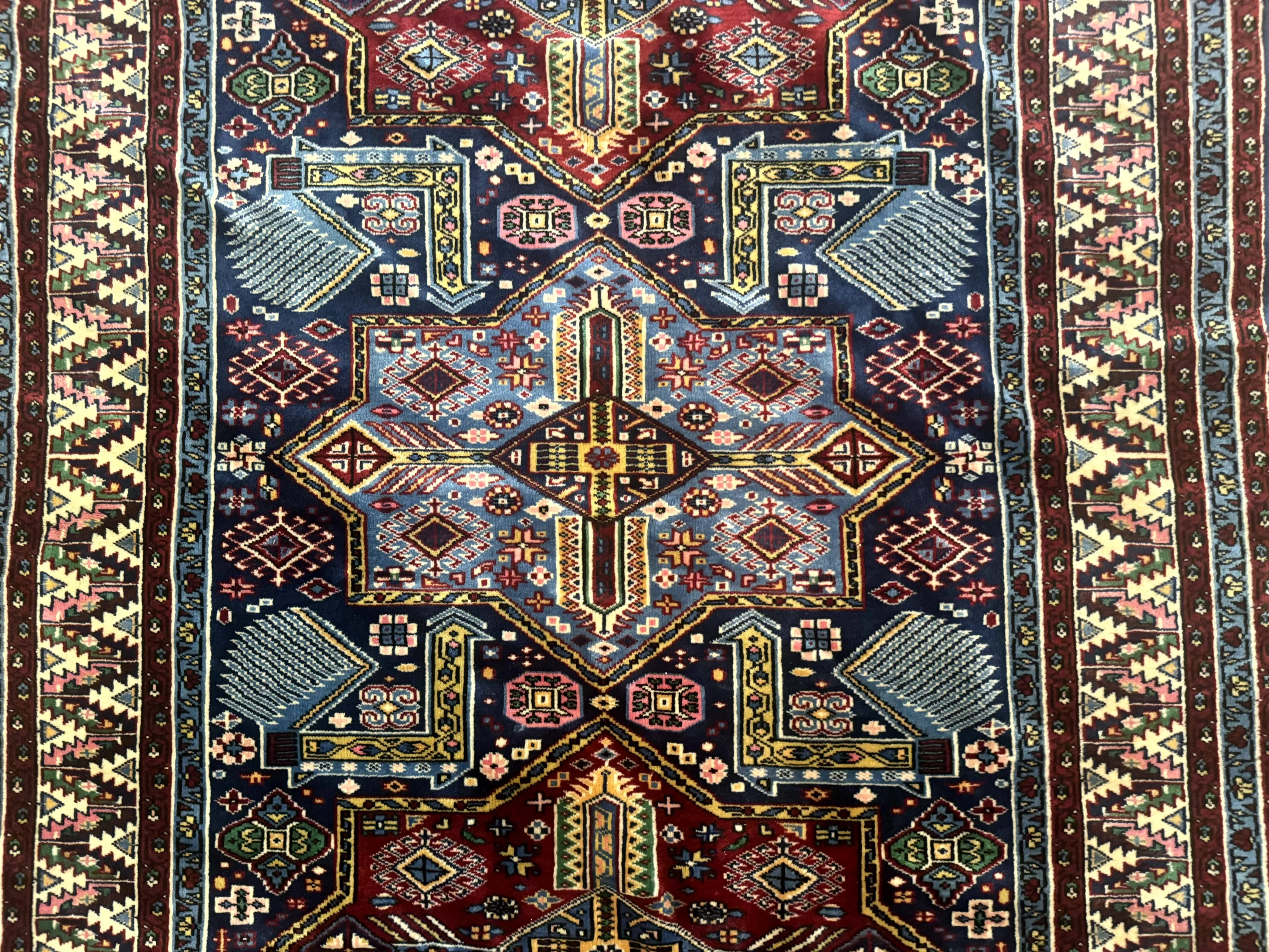 Indian Rug with Caucasian Design, 4x6 Geometric Carpet, Navy Blue and Cream - Image 4