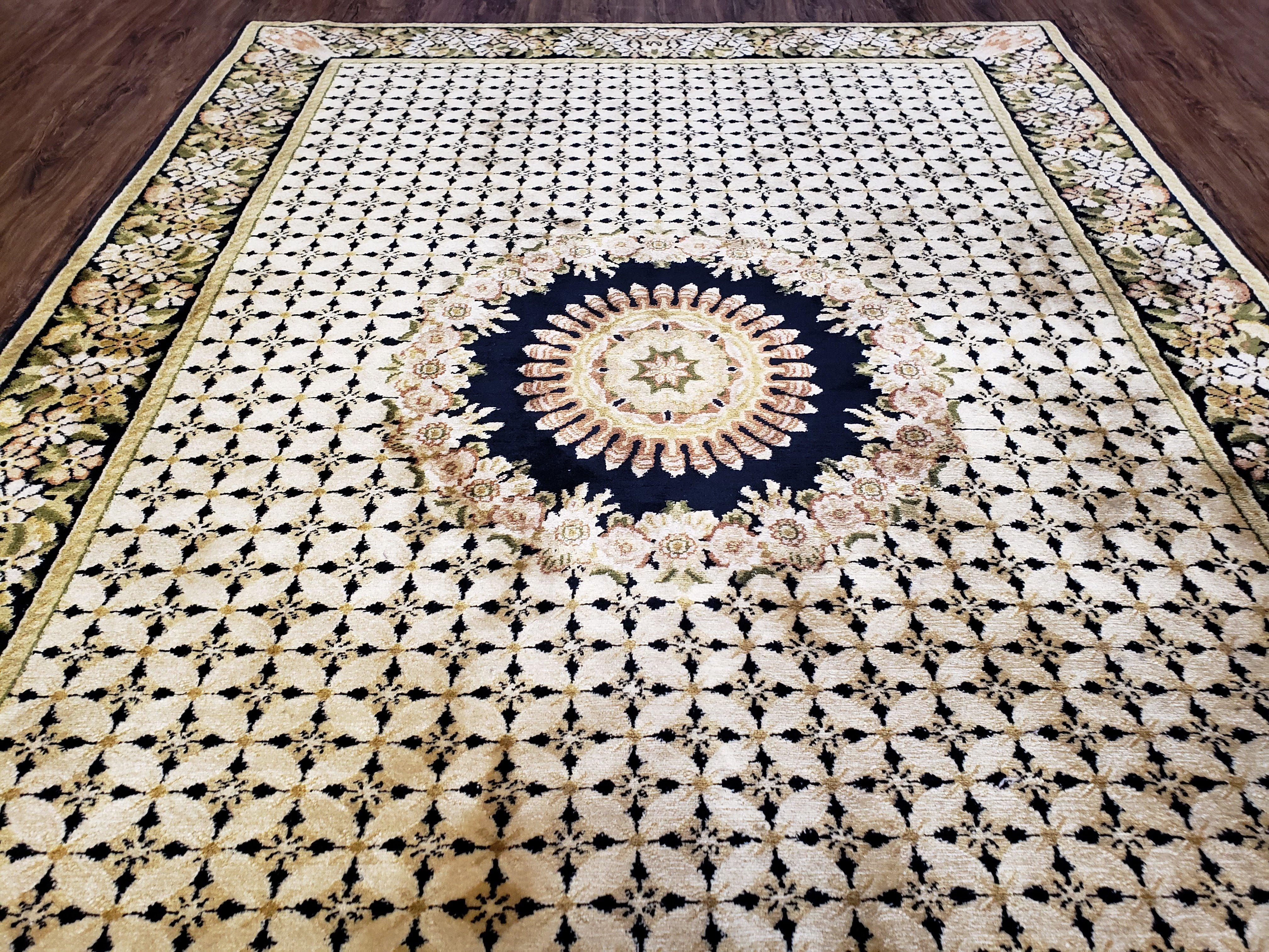 Indian Rug with Tibetan Weave, 6x8 - 6x9 Rugs, Indo-Tibetan Rug, Black and Cream Beige Tan, Floral Border, Soft Rug, Handmade Area Rug, Wool - Image 11