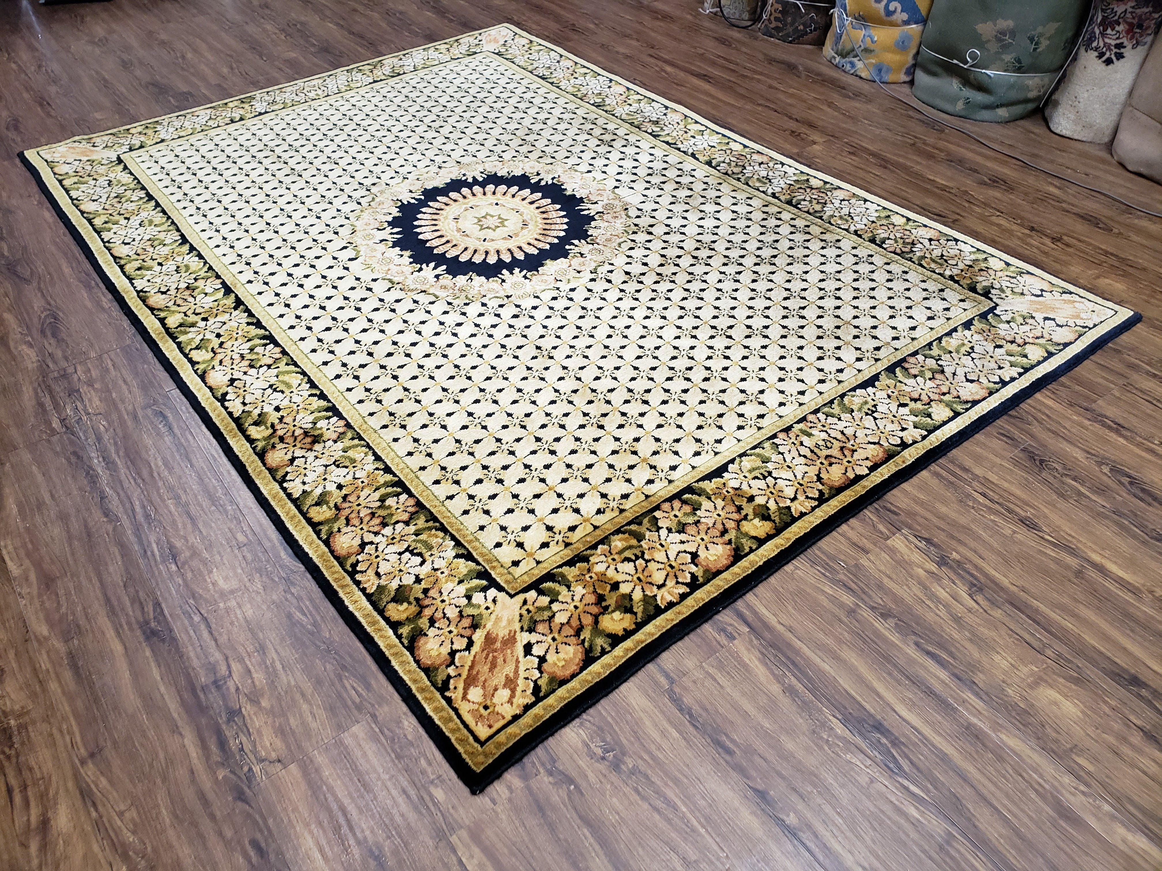 Indian Rug with Tibetan Weave, 6x8 - 6x9 Rugs, Indo-Tibetan Rug, Black and Cream Beige Tan, Floral Border, Soft Rug, Handmade Area Rug, Wool - Image 2