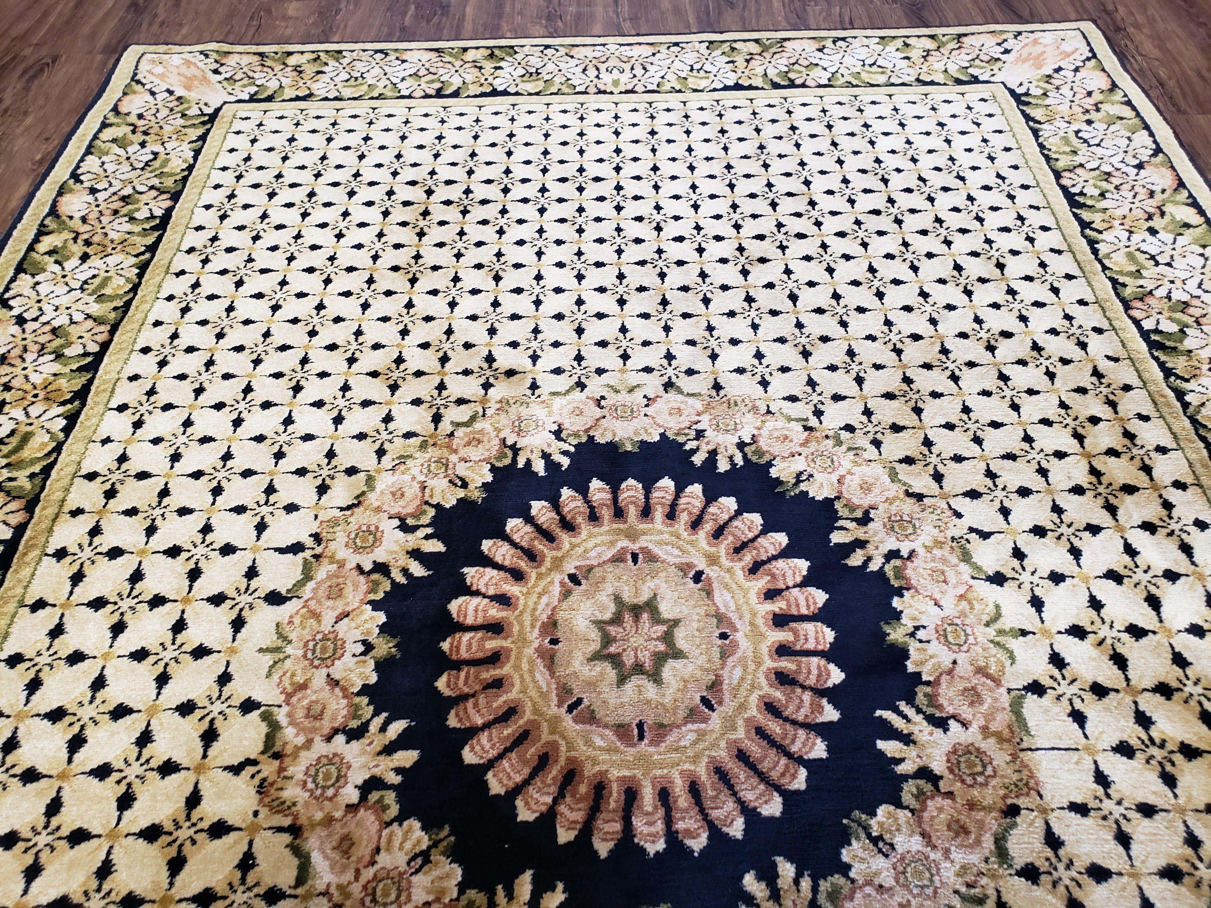 Indian Rug with Tibetan Weave, 6x8 - 6x9 Rugs, Indo-Tibetan Rug, Black and Cream Beige Tan, Floral Border, Soft Rug, Handmade Area Rug, Wool - Image 3