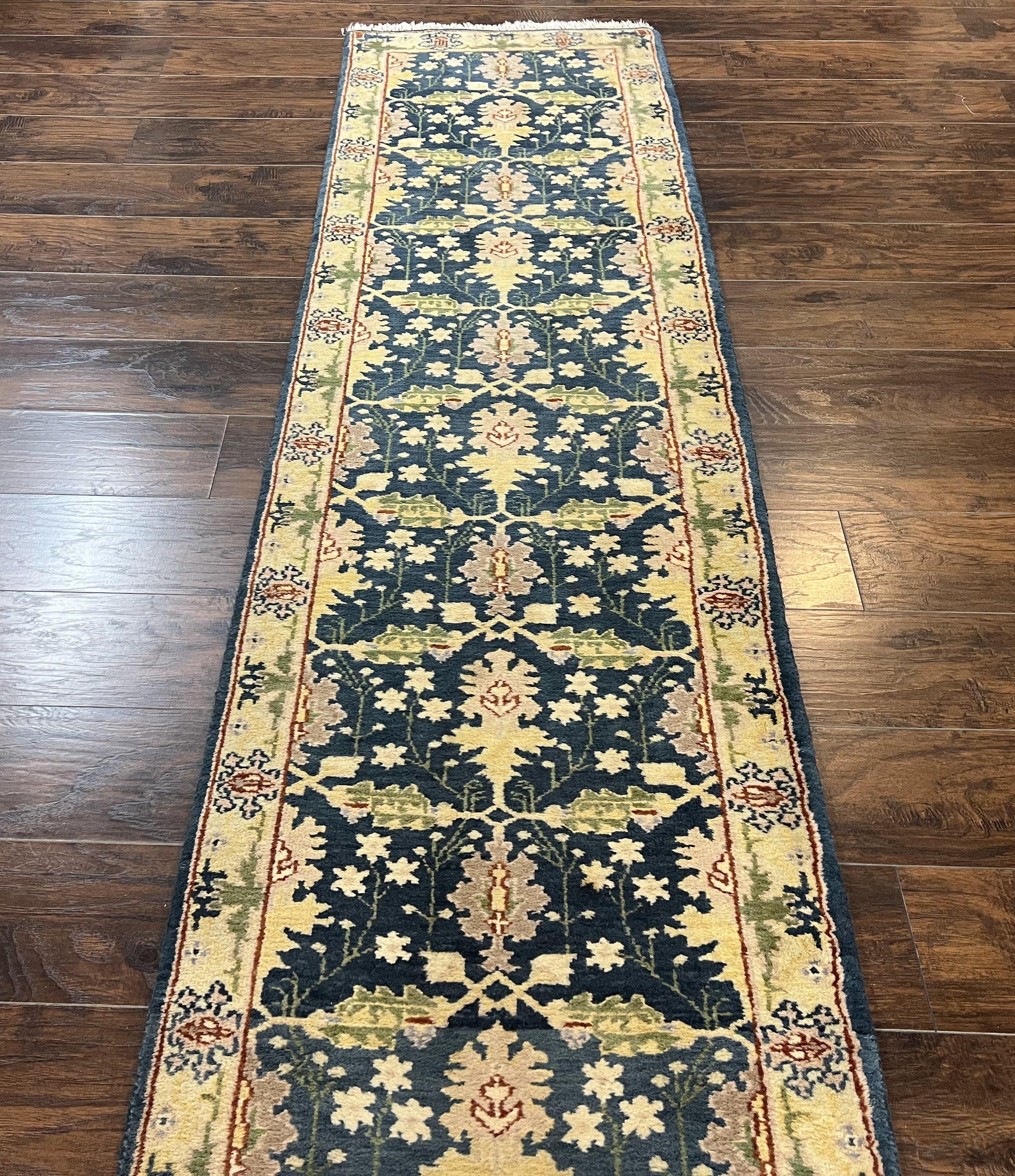 Indian Runner Rug 2.6 x 12, Navy Blue Beige Oriental Runner Rug 12ft Long, Narrow Hallway Runner, Wool Hand Knotted Indo Persian Mahal Rug - Image 11