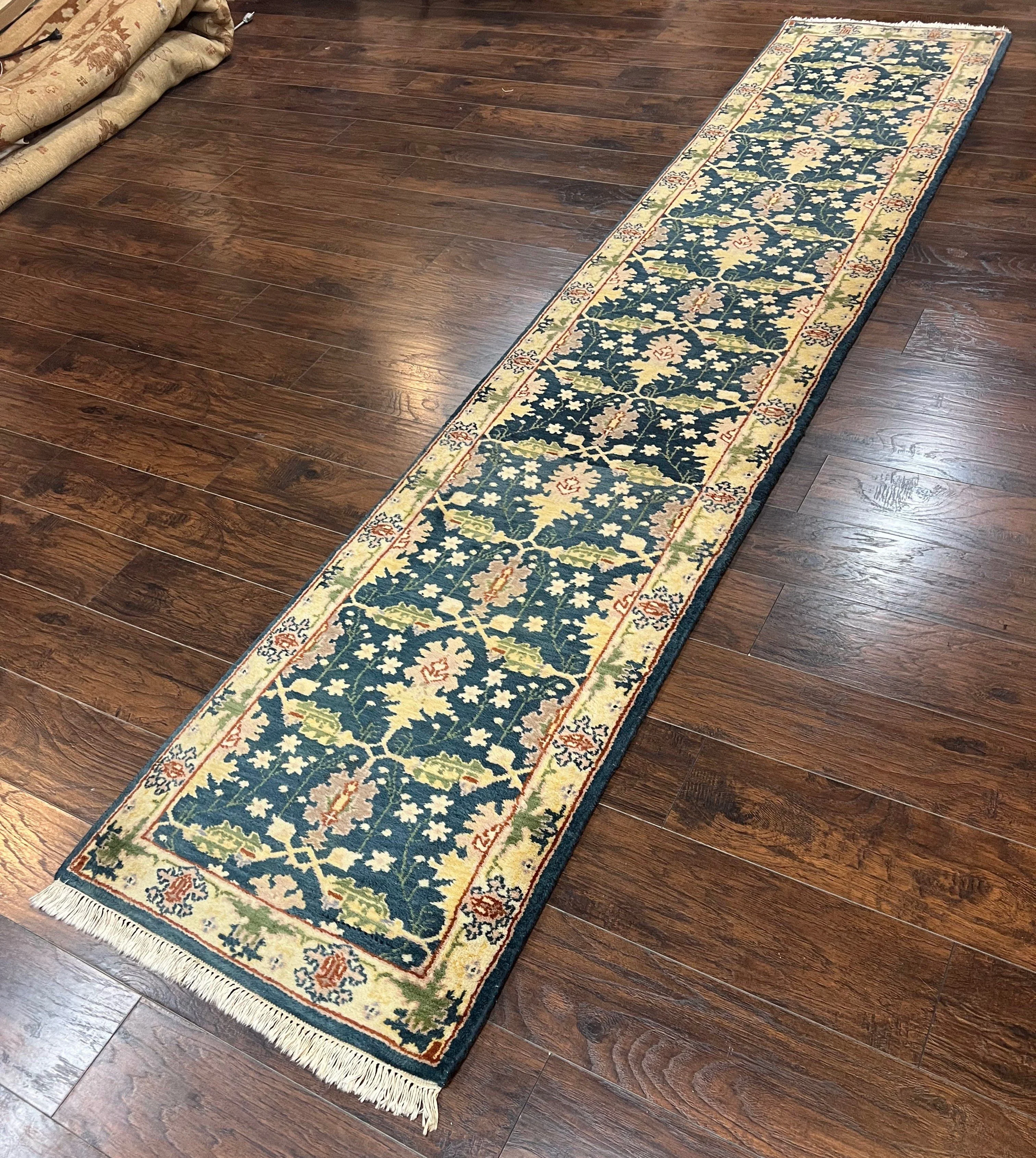 Indian Runner Rug 2.6 x 12, Navy Blue Beige Oriental Runner Rug 12ft Long, Narrow Hallway Runner, Wool Hand Knotted Indo Persian Mahal Rug - Image 2