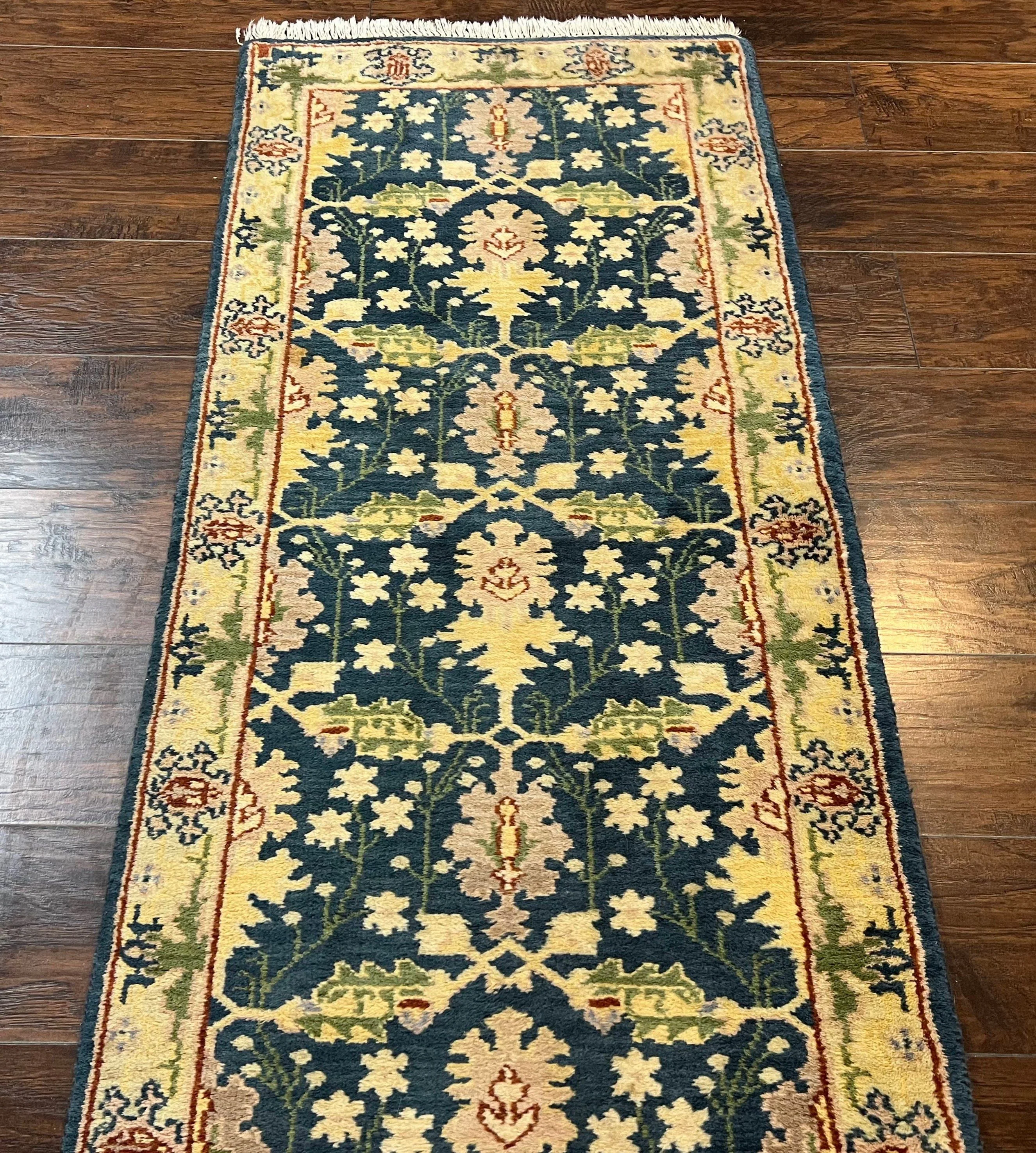 Indian Runner Rug 2.6 x 12, Navy Blue Beige Oriental Runner Rug 12ft Long, Narrow Hallway Runner, Wool Hand Knotted Indo Persian Mahal Rug - Image 3