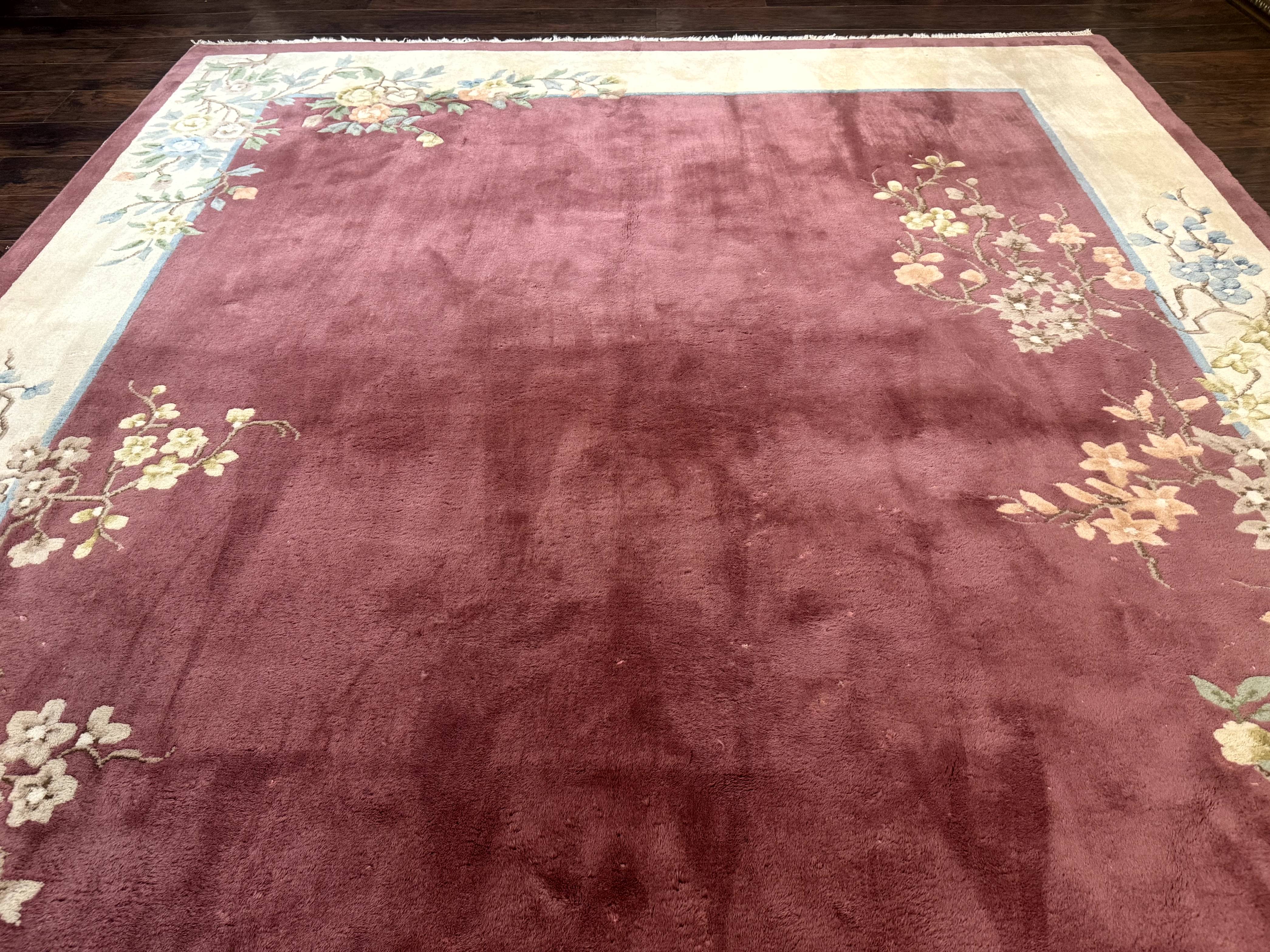 Indo Chinese Art Deco Rug 9x12, Pink and Ivory, Open Filed, Floral, Wool - Image 4