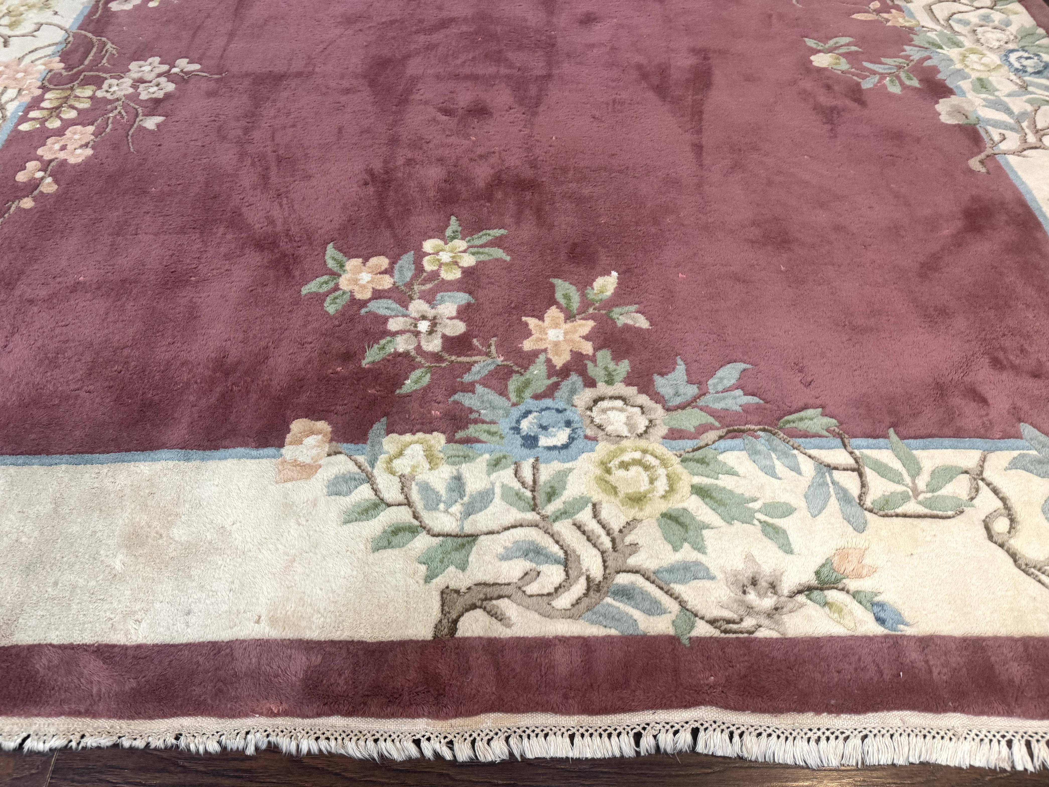 Indo Chinese Art Deco Rug 9x12, Pink and Ivory, Open Filed, Floral, Wool - Image 5