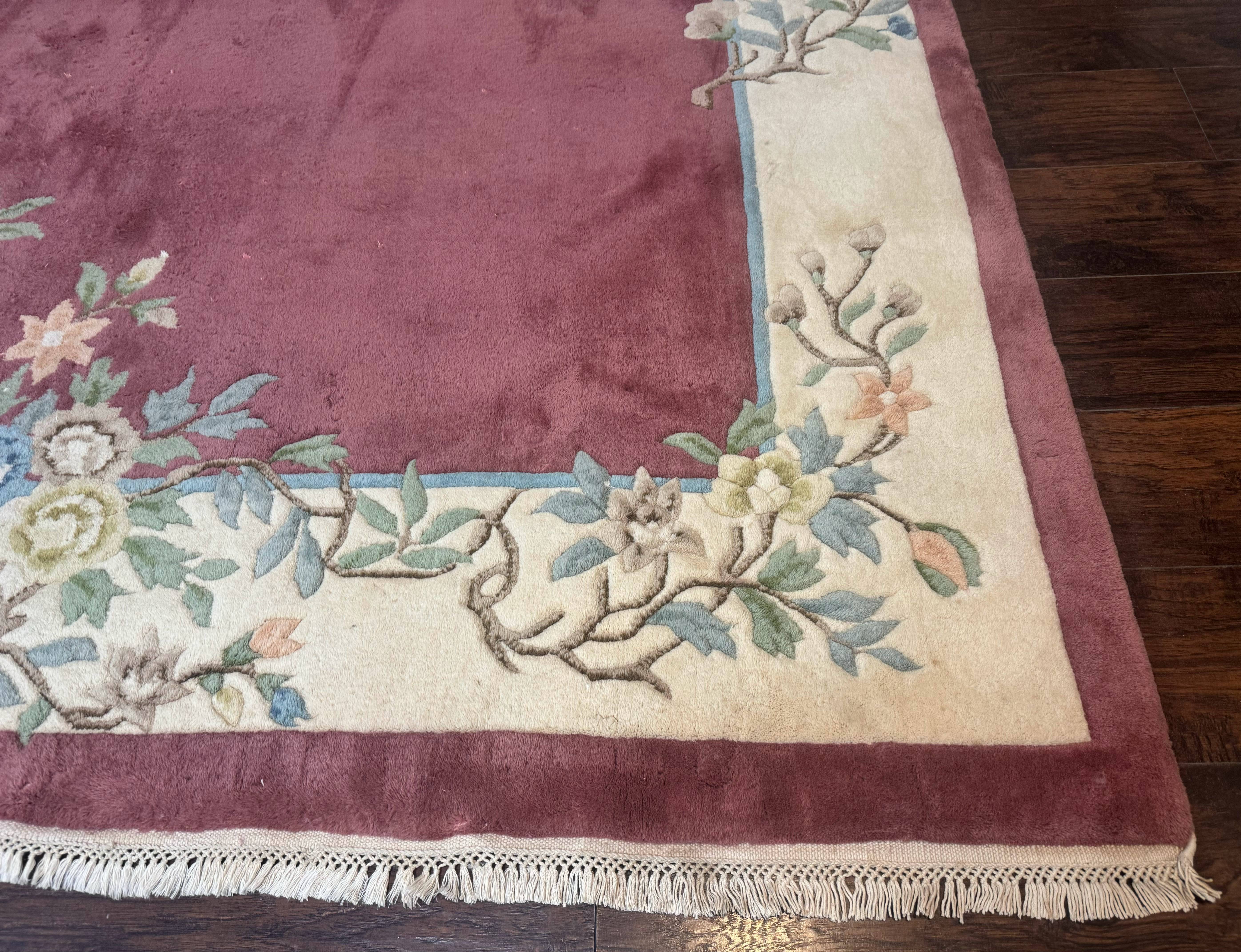 Indo Chinese Art Deco Rug 9x12, Pink and Ivory, Open Filed, Floral, Wool - Image 9