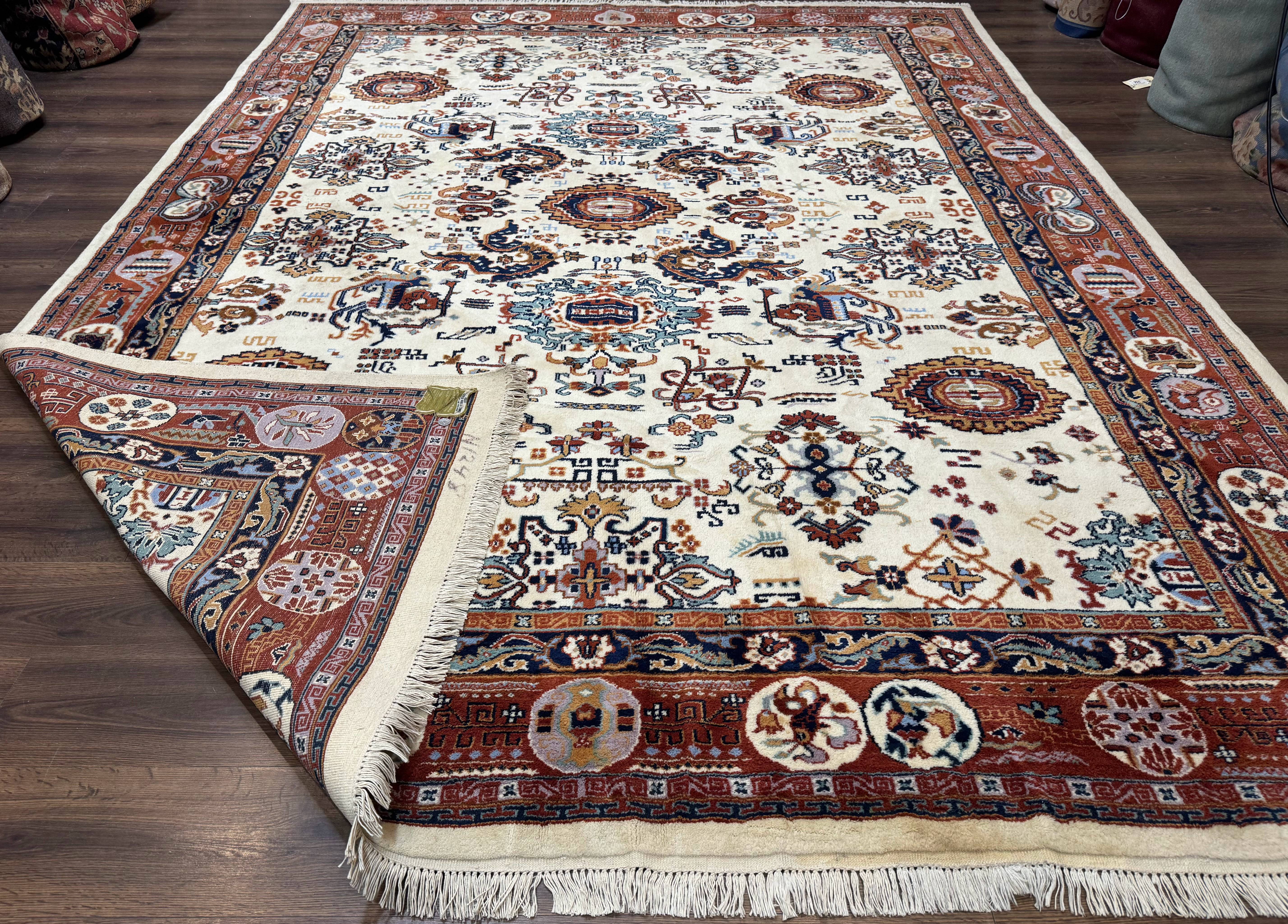 Indo Chinese Wool Rug 9x12, Ivory and Rust Red, Dragon Motifs - Image 11