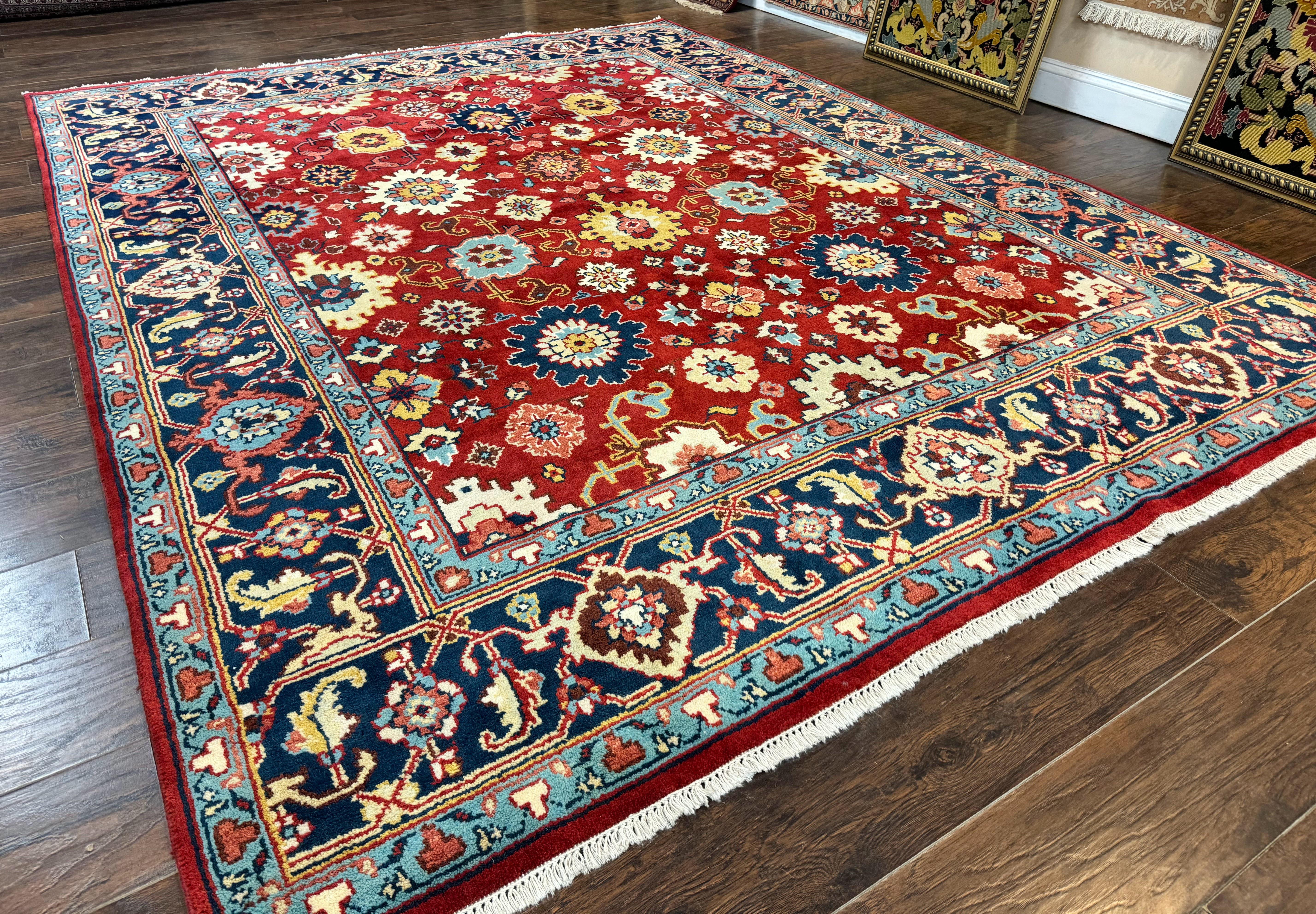 Indo Heriz Rug 8x10, Red and Navy Blue, Allover Pattern, Wool Handmade Carpet - Image 12