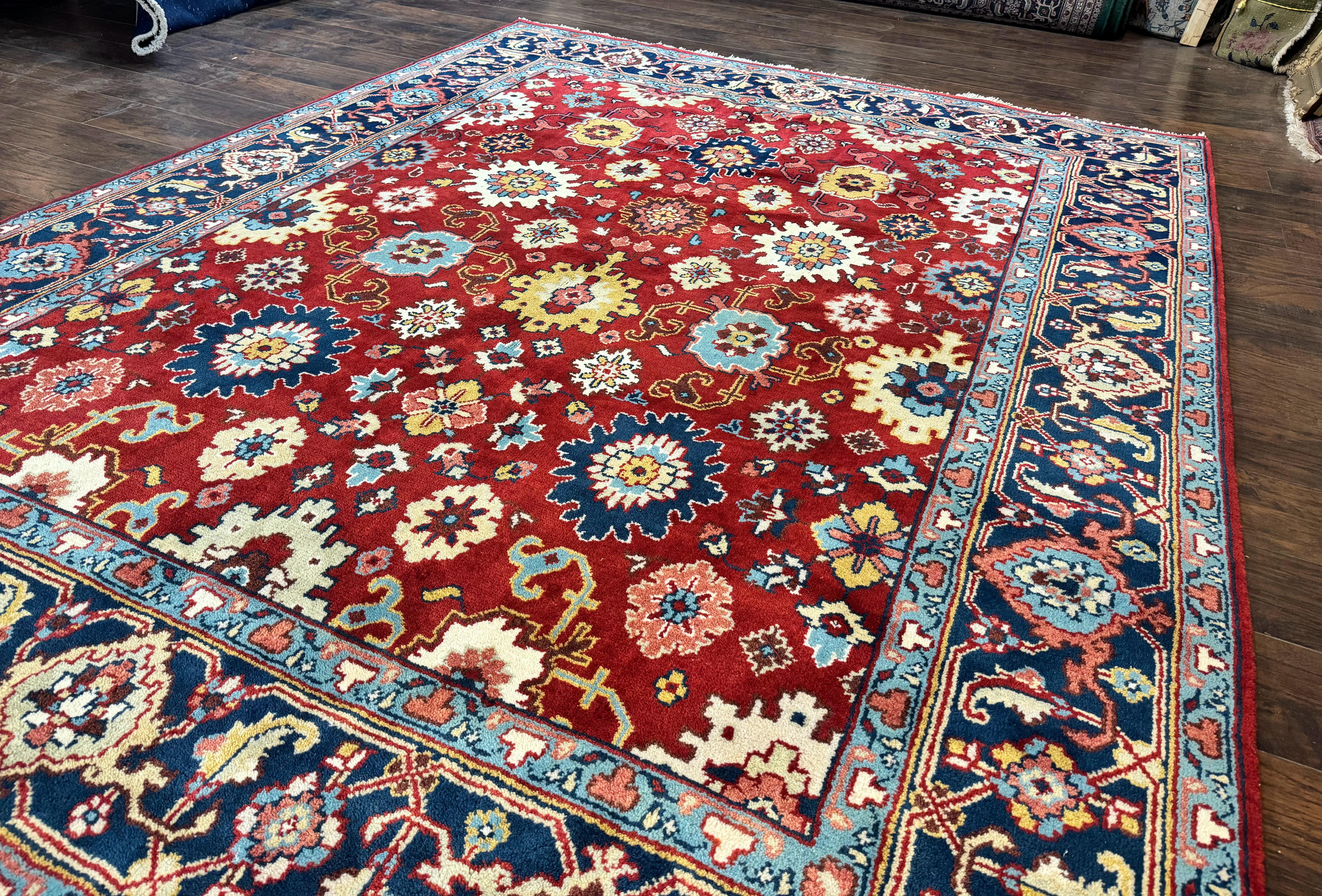 Indo Heriz Rug 8x10, Red and Navy Blue, Allover Pattern, Wool Handmade Carpet - Image 2