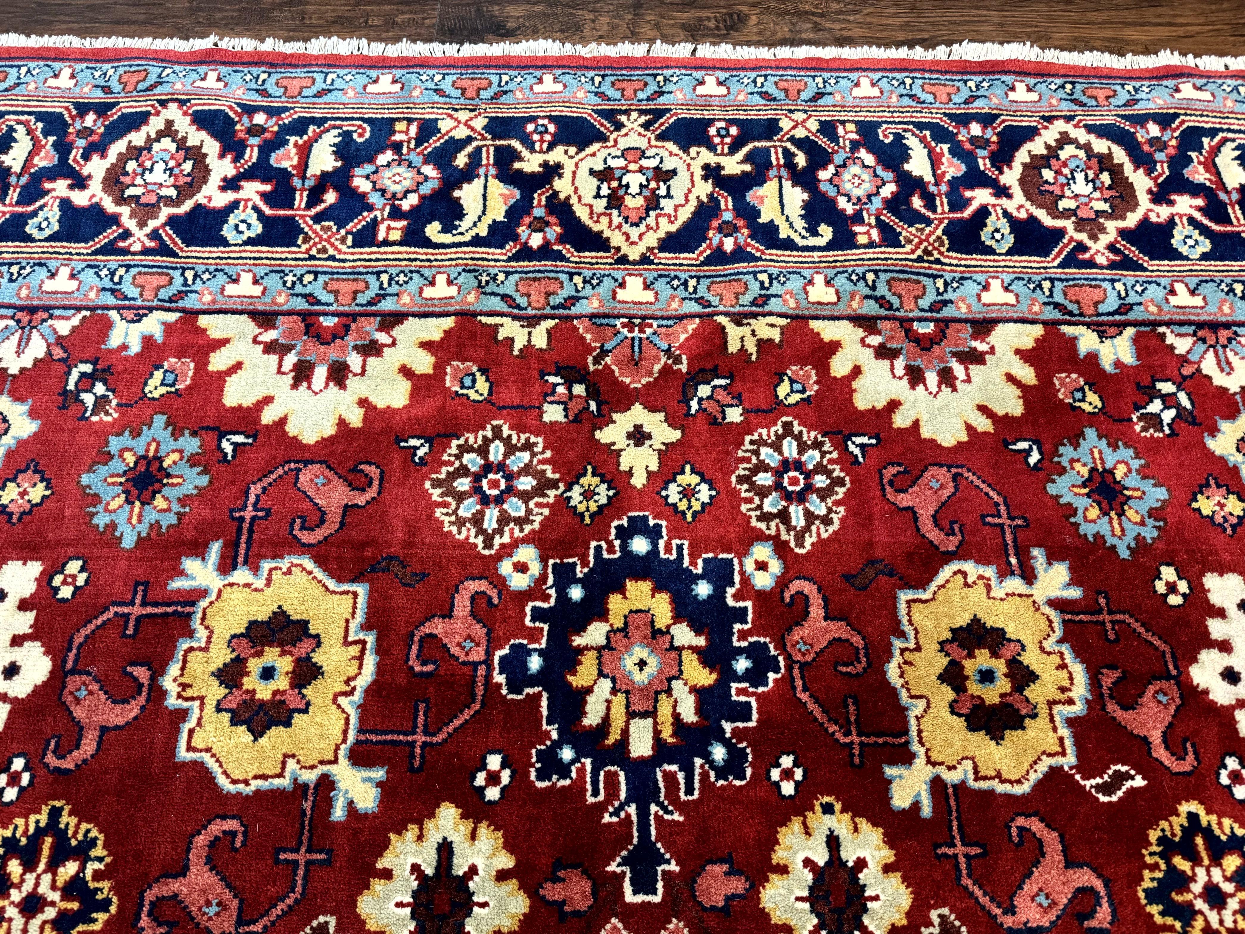 Indo Heriz Rug 8x10, Red and Navy Blue, Allover Pattern, Wool Handmade Carpet - Image 3