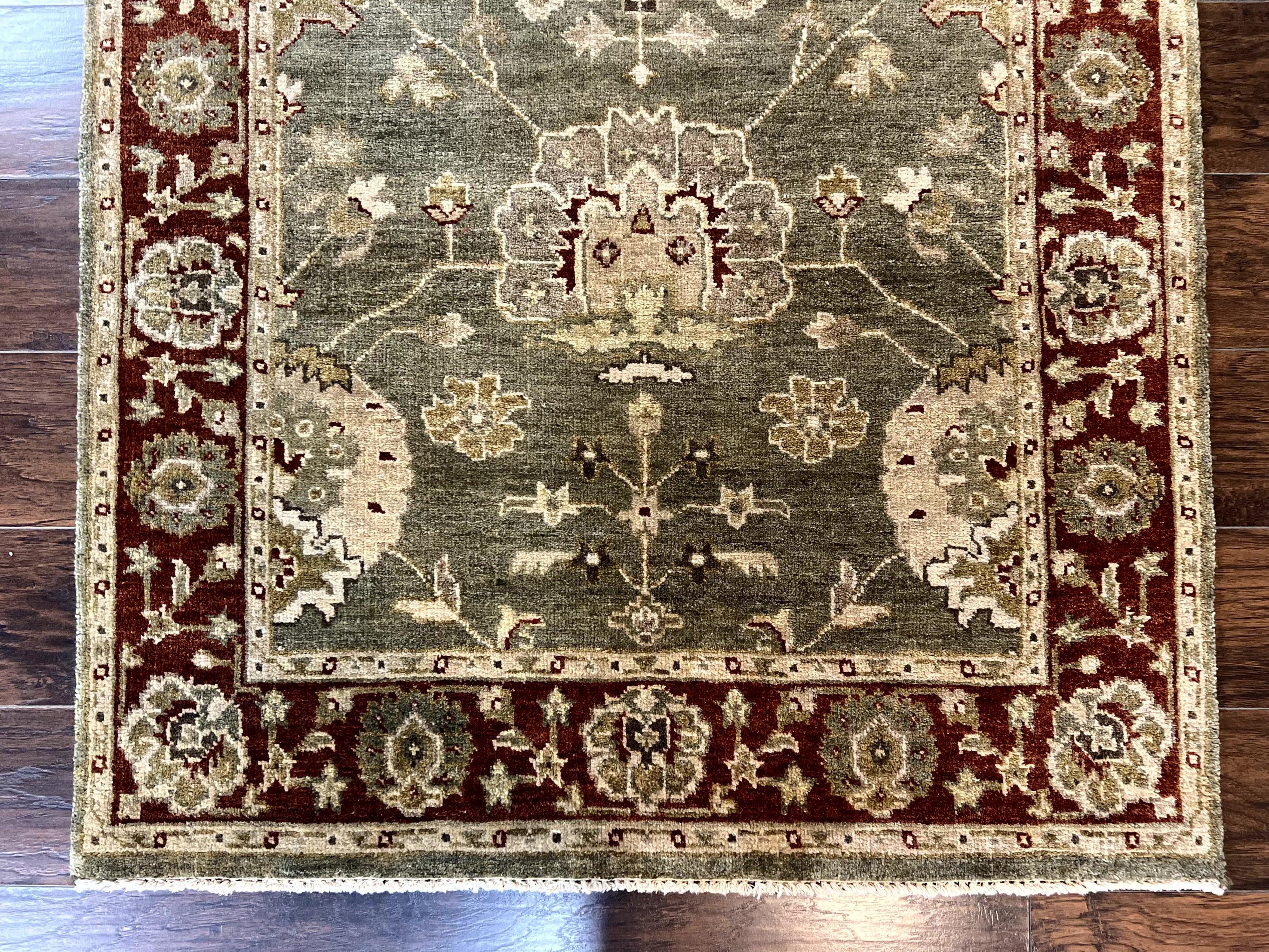 Indo Oushak Rug 4x6, Green and Maroon, Vintage Wool Floral Rug, Indian Agra Rug - Image 5