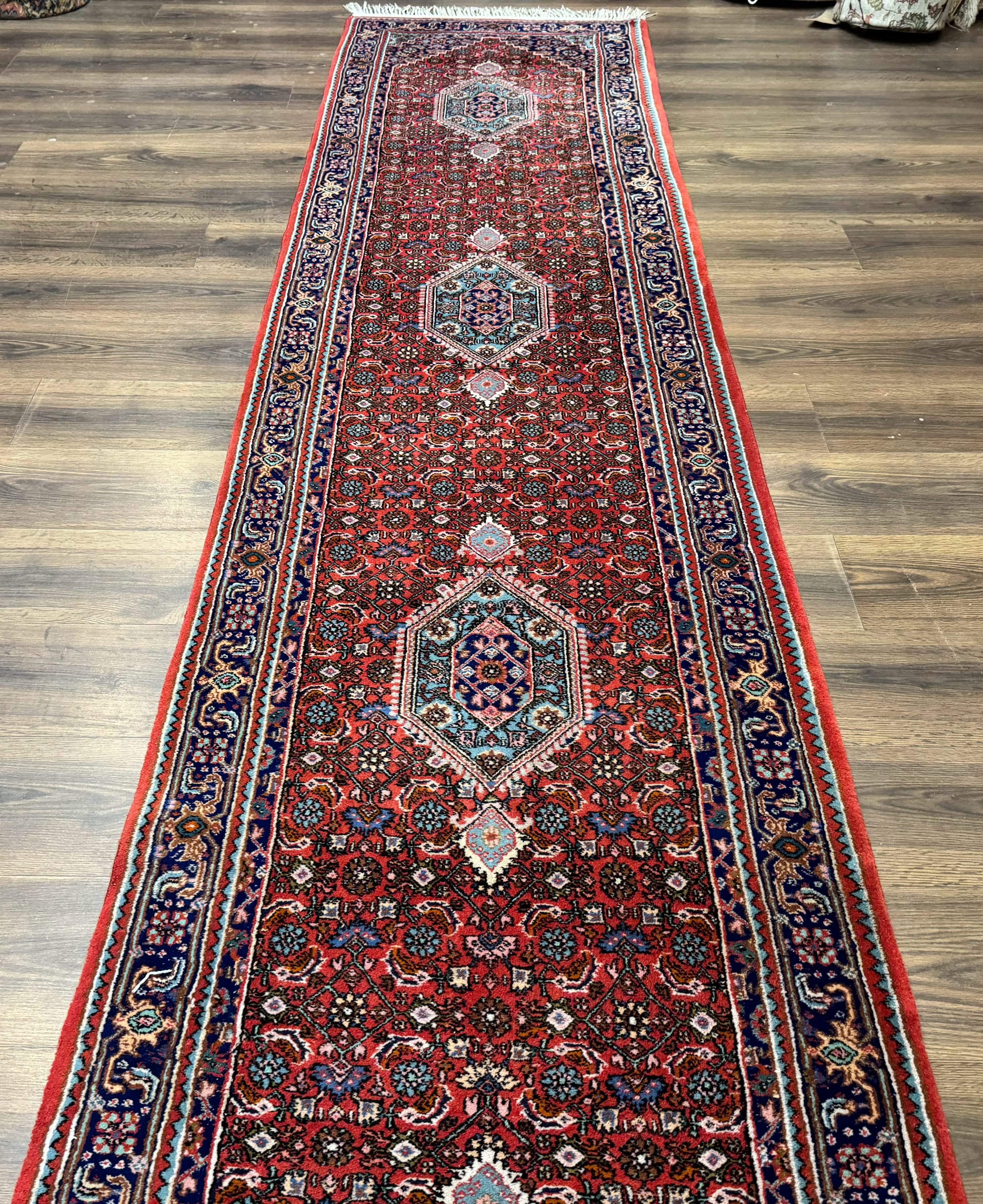 Indo Persian Bidjar Runner Rug 3 x 18.6, Red Navy Blue, Long Runner, Wool Oriental Carpet - Image 12