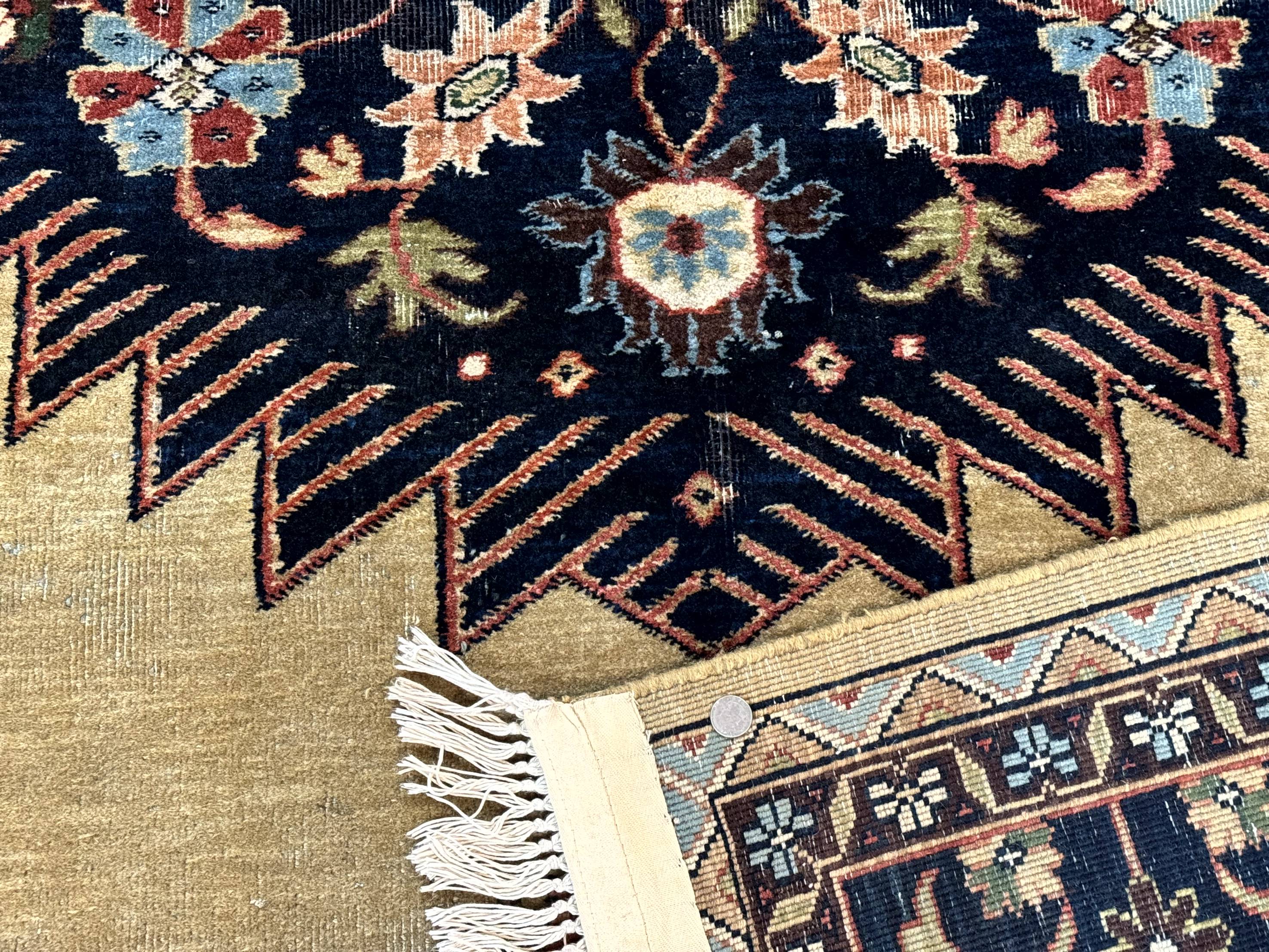 Indo Persian Heriz Rug 8x12, Camel Hair Tan and Navy Blue, Decorative - Image 10