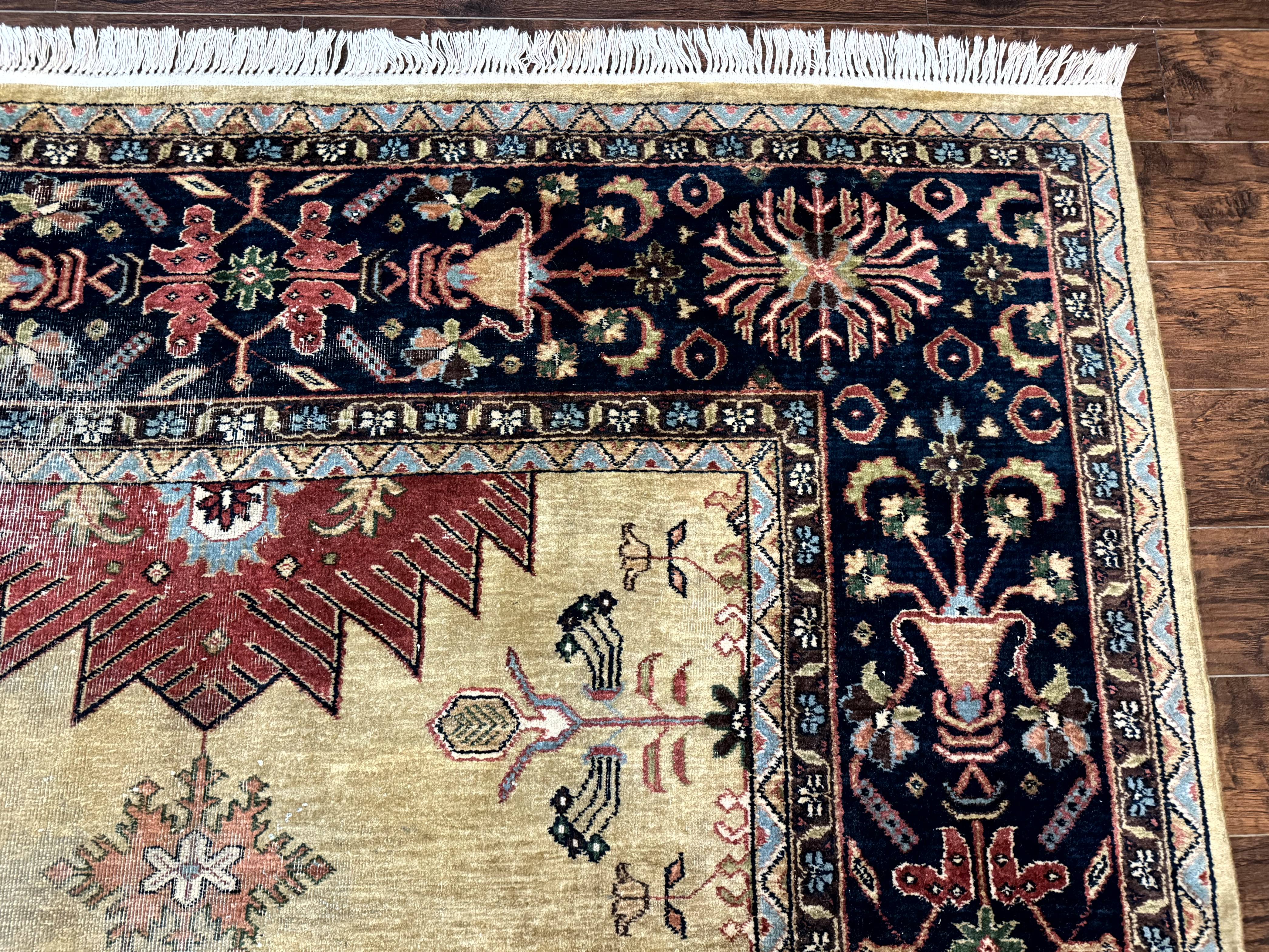 Indo Persian Heriz Rug 8x12, Camel Hair Tan and Navy Blue, Decorative - Image 7