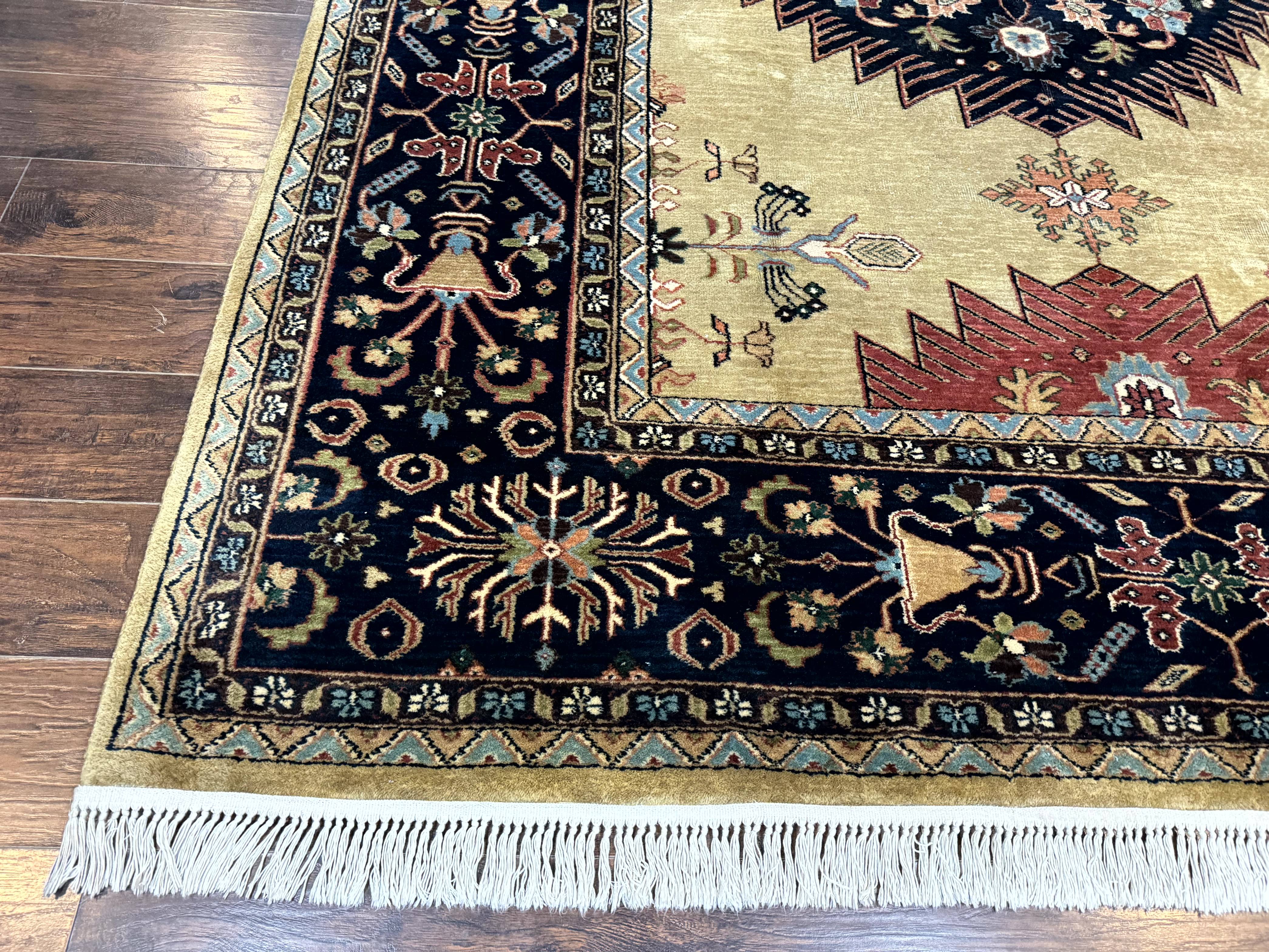 Indo Persian Heriz Rug 8x12, Camel Hair Tan and Navy Blue, Decorative - Image 8