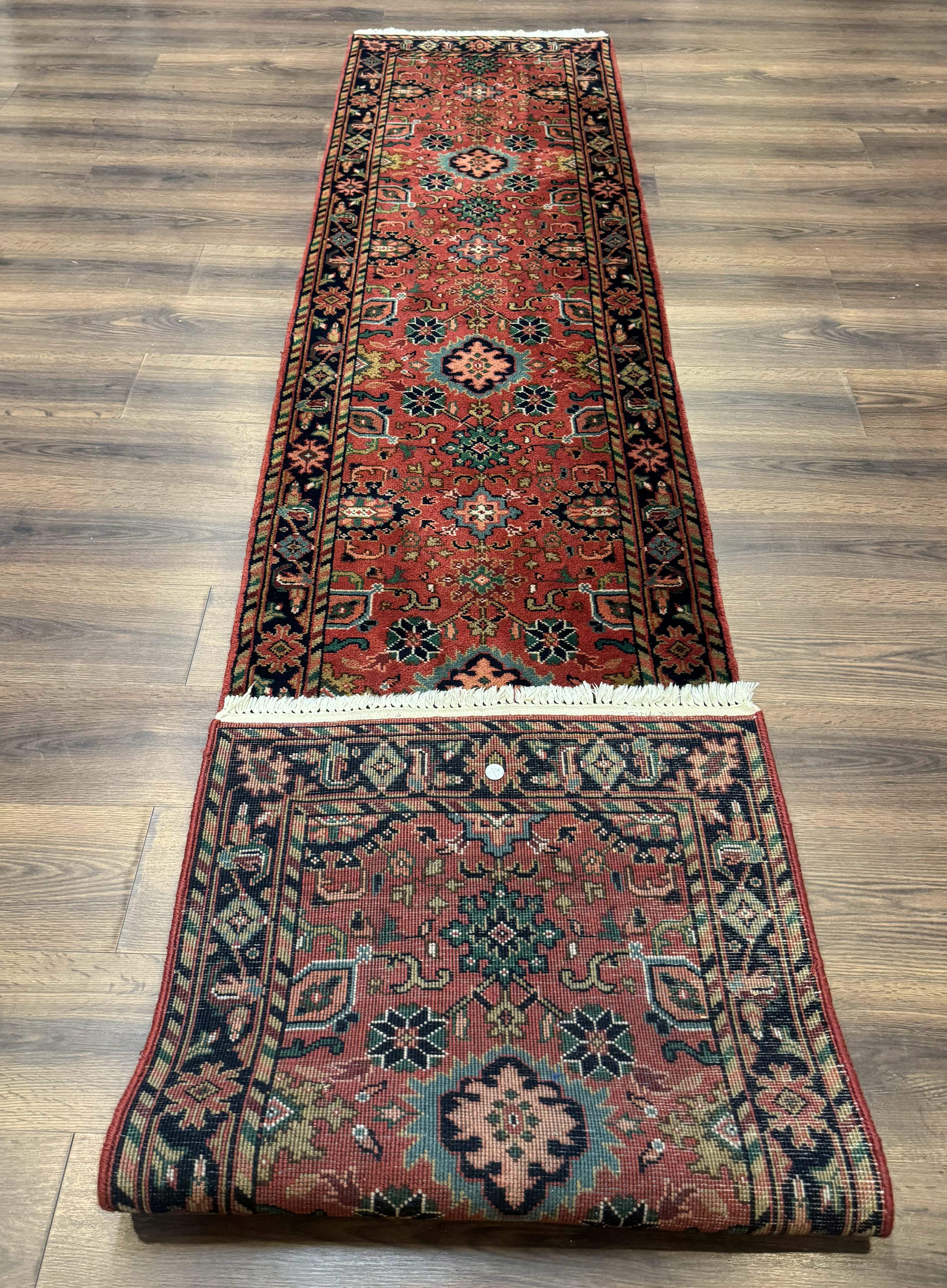 Indo Persian Heriz Runner Rug 2 x 12 ft, Hand Knotted Wool Hallway Rug, Red & Black - Image 11