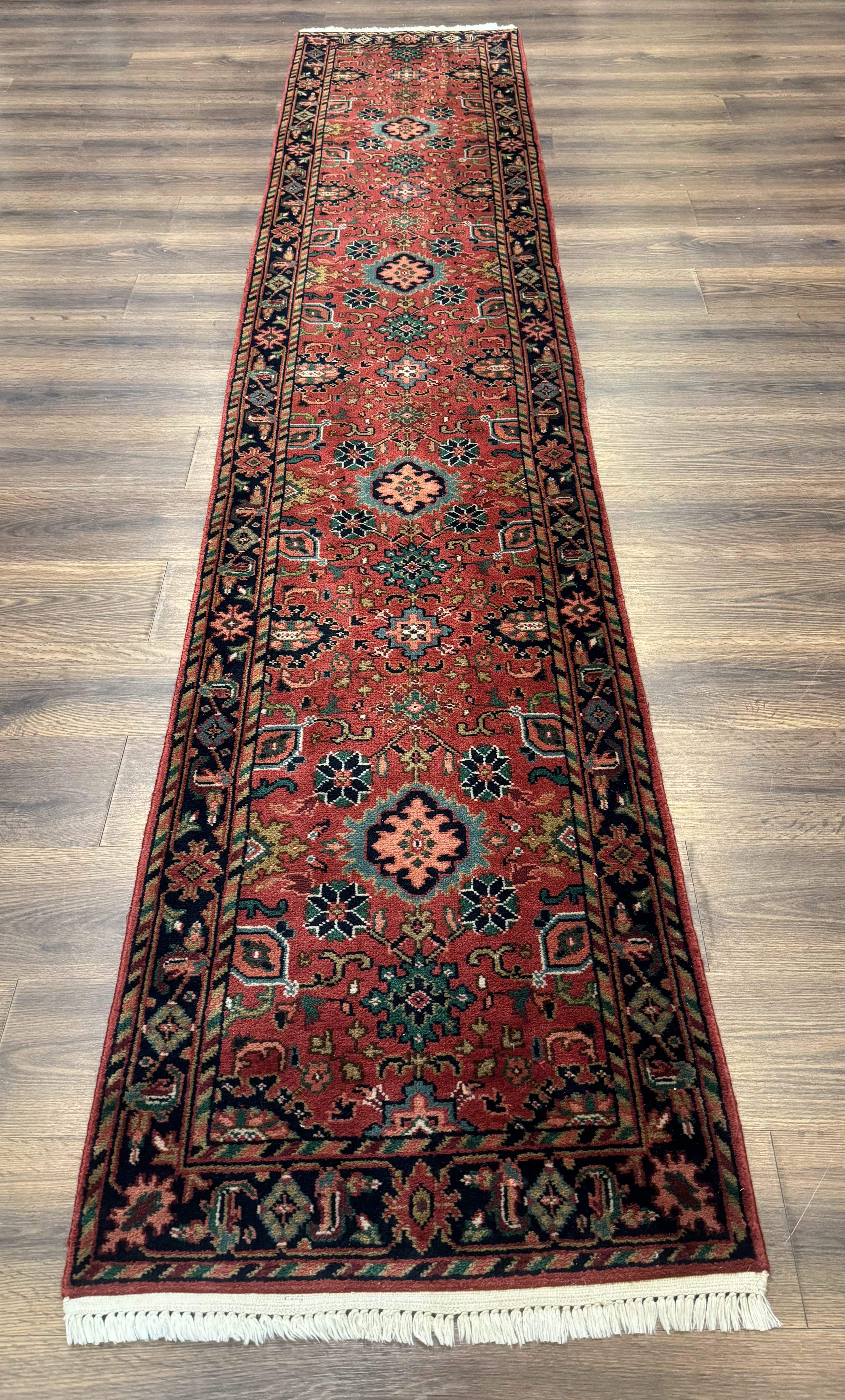 Indo Persian Heriz Runner Rug 2 x 12 ft, Hand Knotted Wool Hallway Rug, Red & Black - Image 12