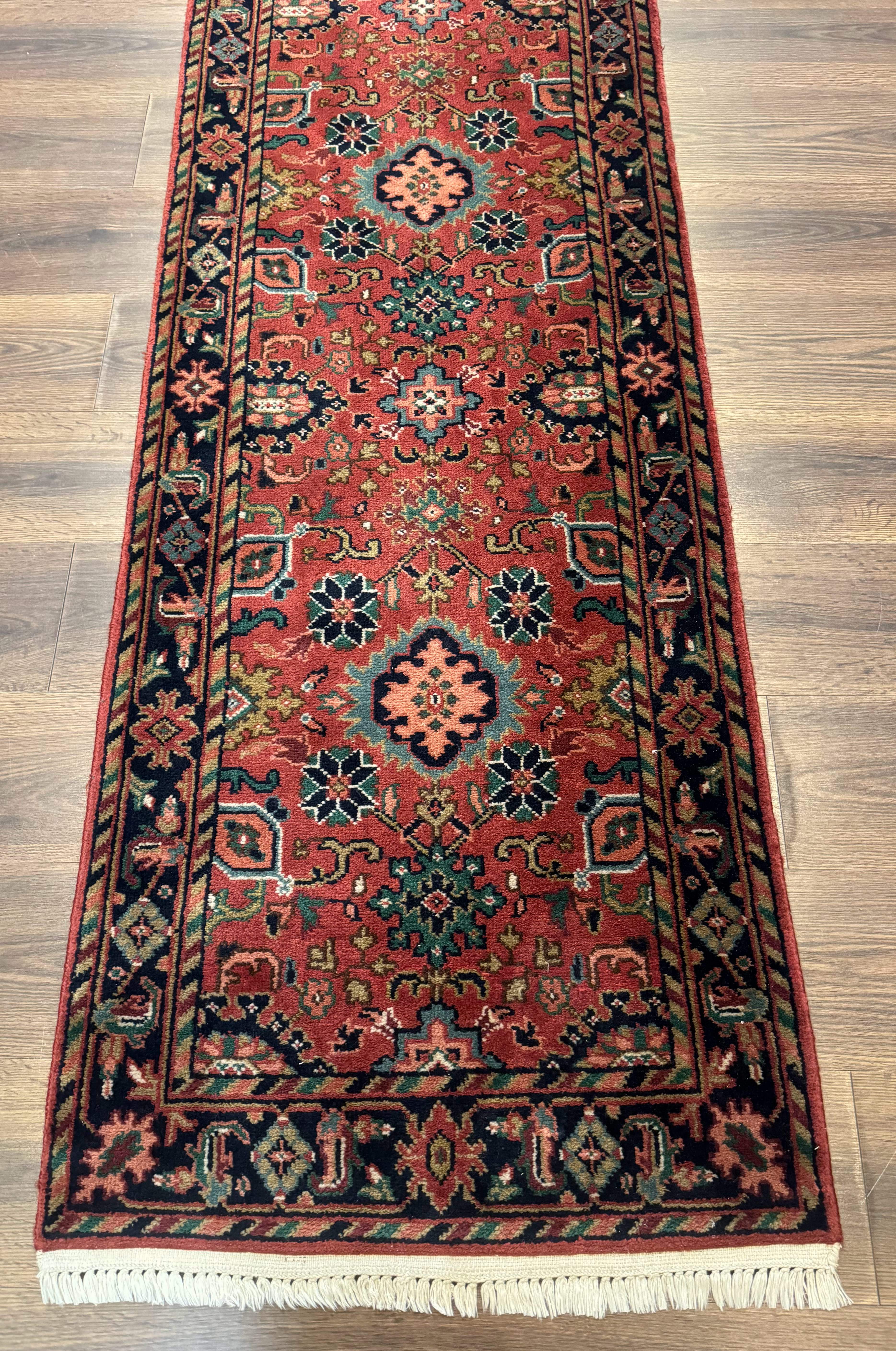 Indo Persian Heriz Runner Rug 2 x 12 ft, Hand Knotted Wool Hallway Rug, Red & Black - Image 5