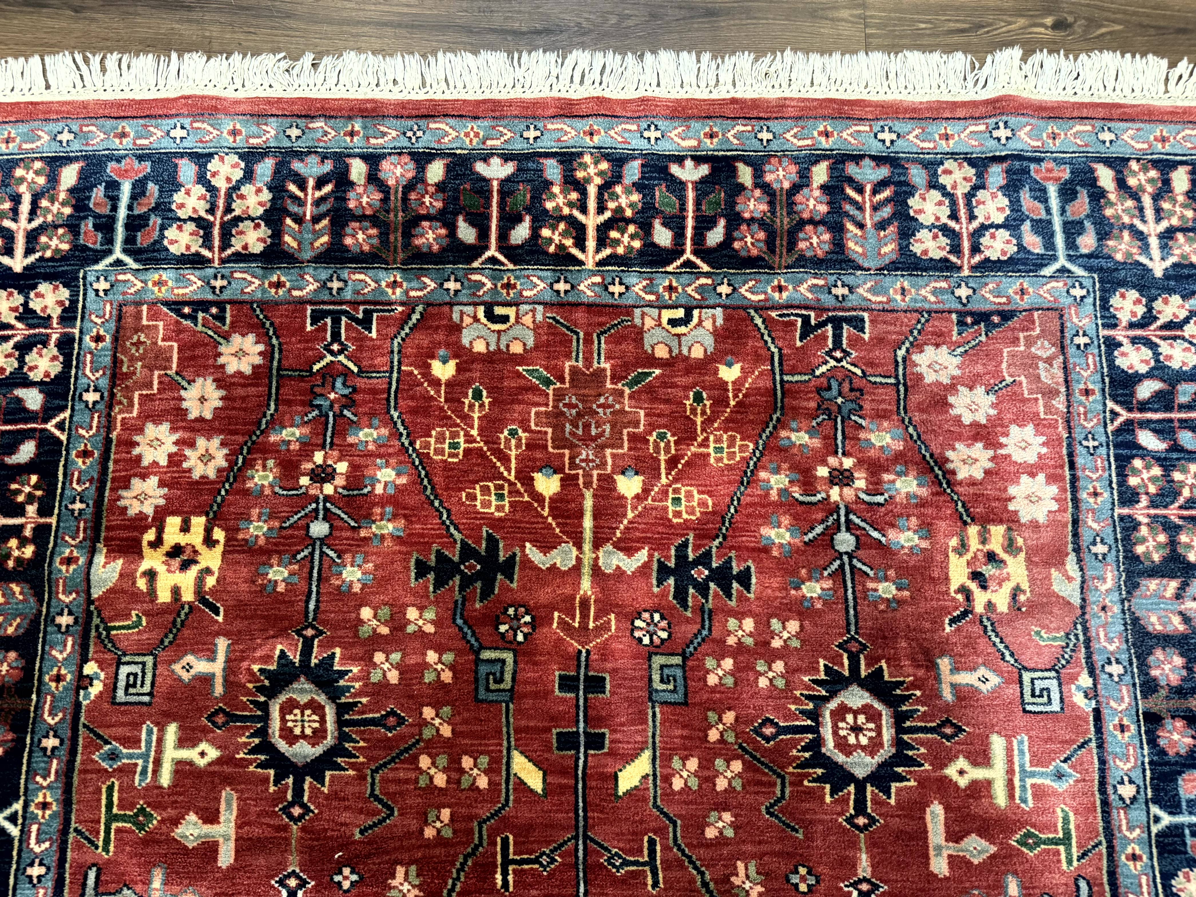 Indo Persian Heriz Serapi Rug 6x8, Rust Red and Navy Blue, Allover Pattern - Image 3
