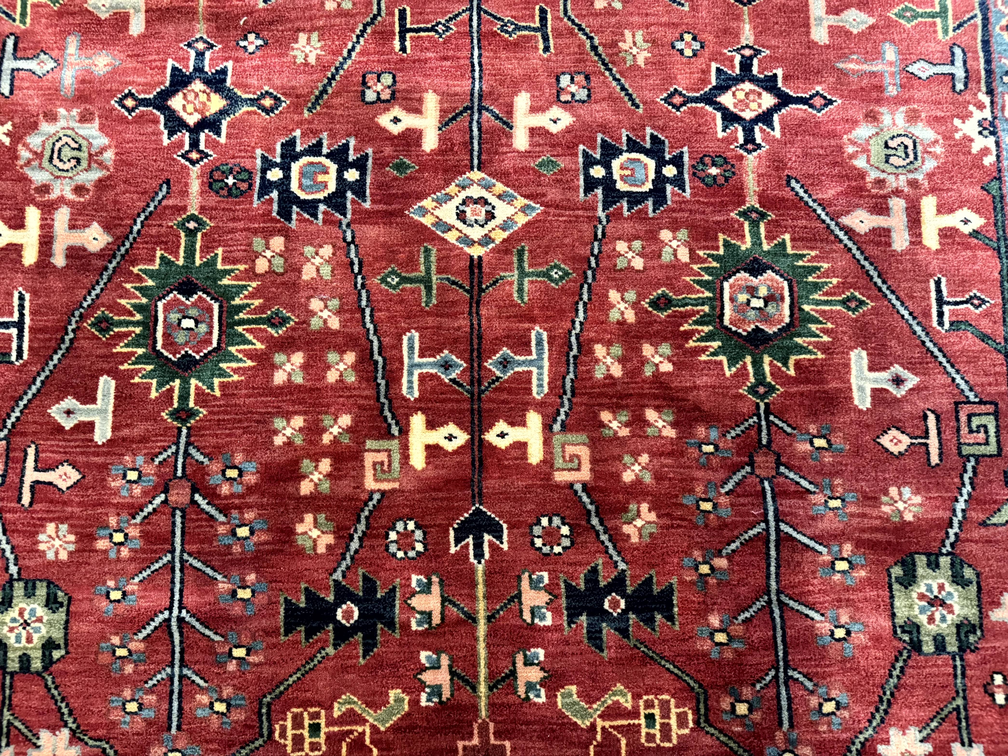 Indo Persian Heriz Serapi Rug 6x8, Rust Red and Navy Blue, Allover Pattern - Image 4