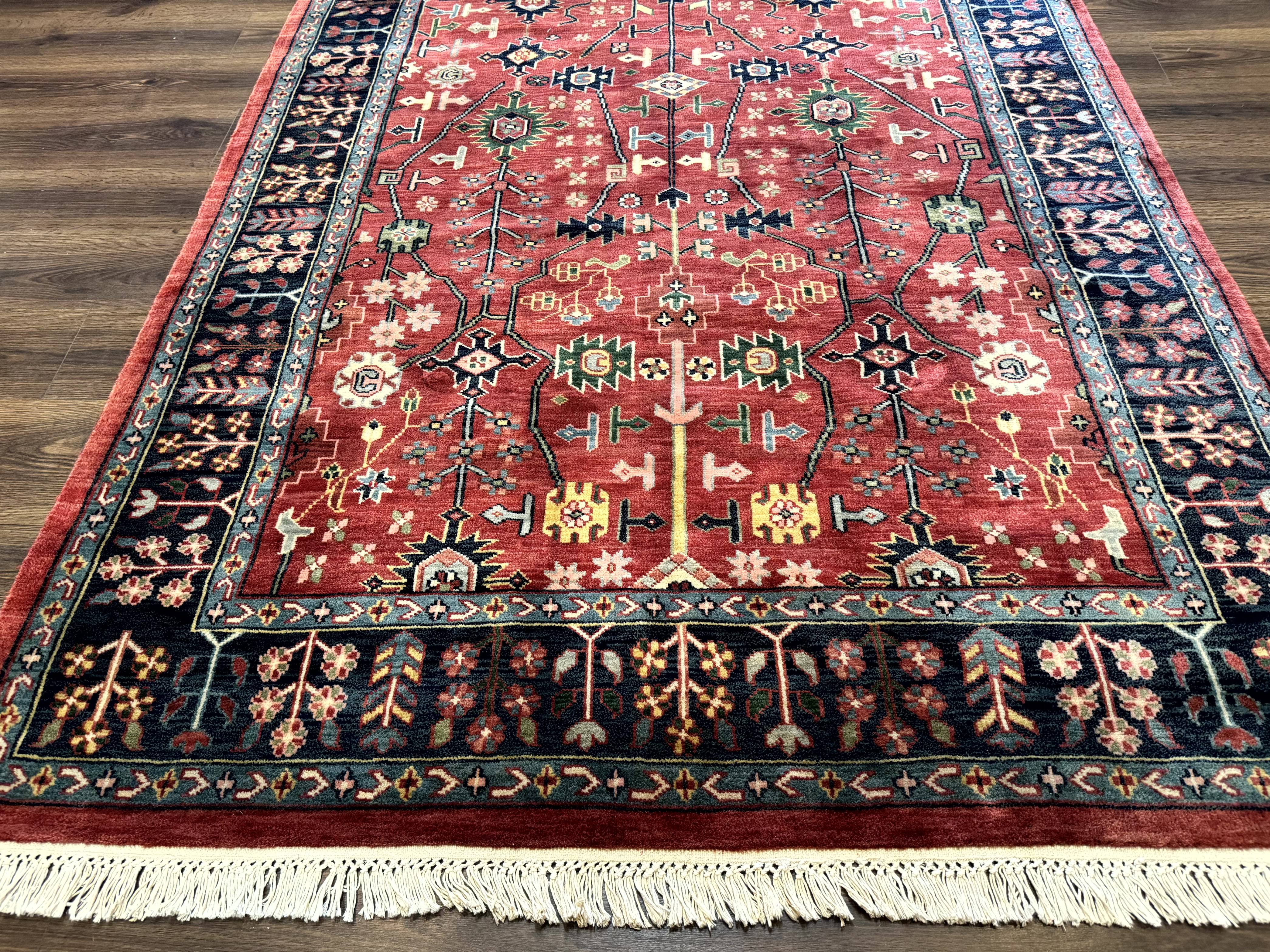 Indo Persian Heriz Serapi Rug 6x8, Rust Red and Navy Blue, Allover Pattern - Image 5