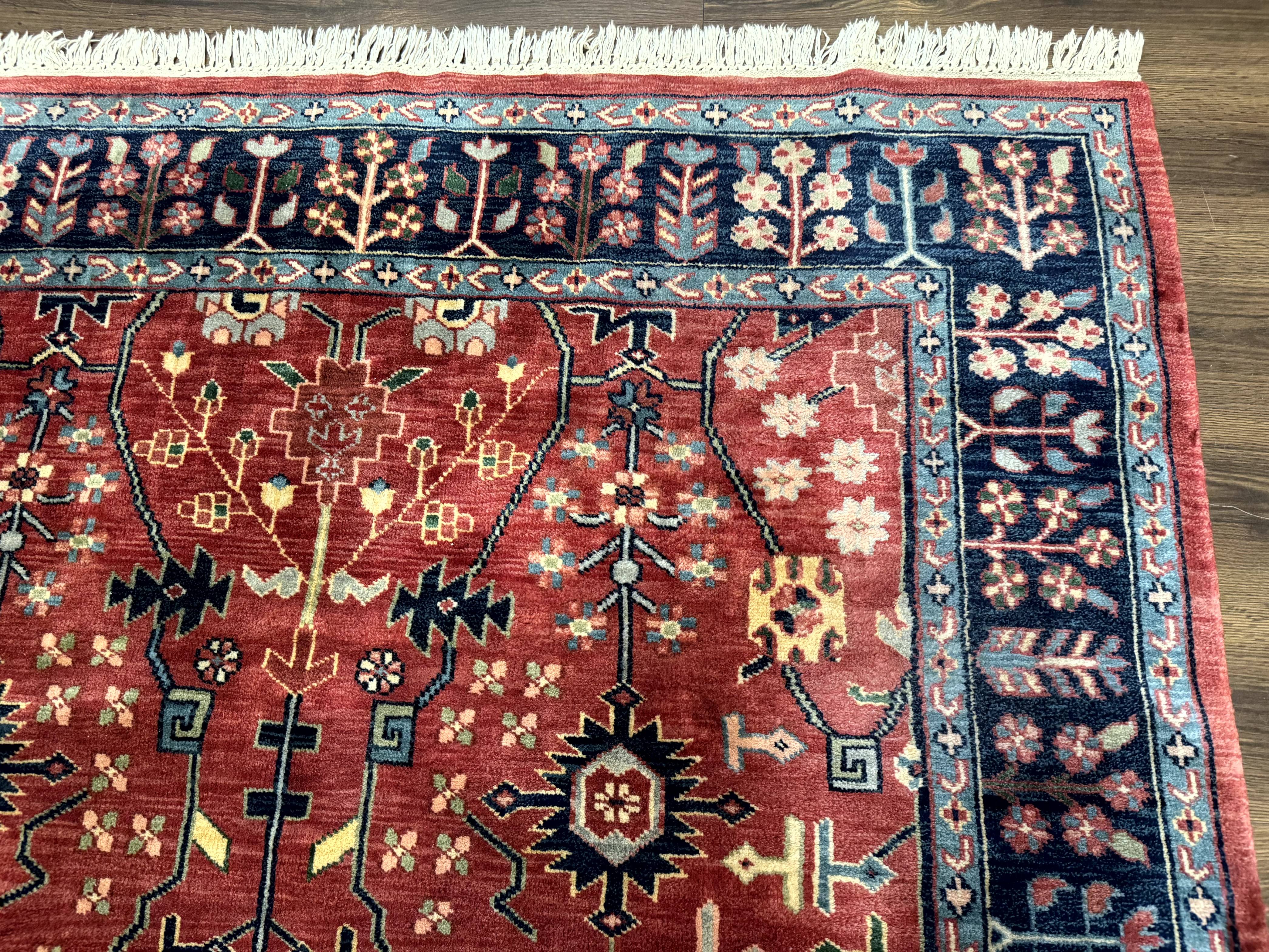 Indo Persian Heriz Serapi Rug 6x8, Rust Red and Navy Blue, Allover Pattern - Image 7