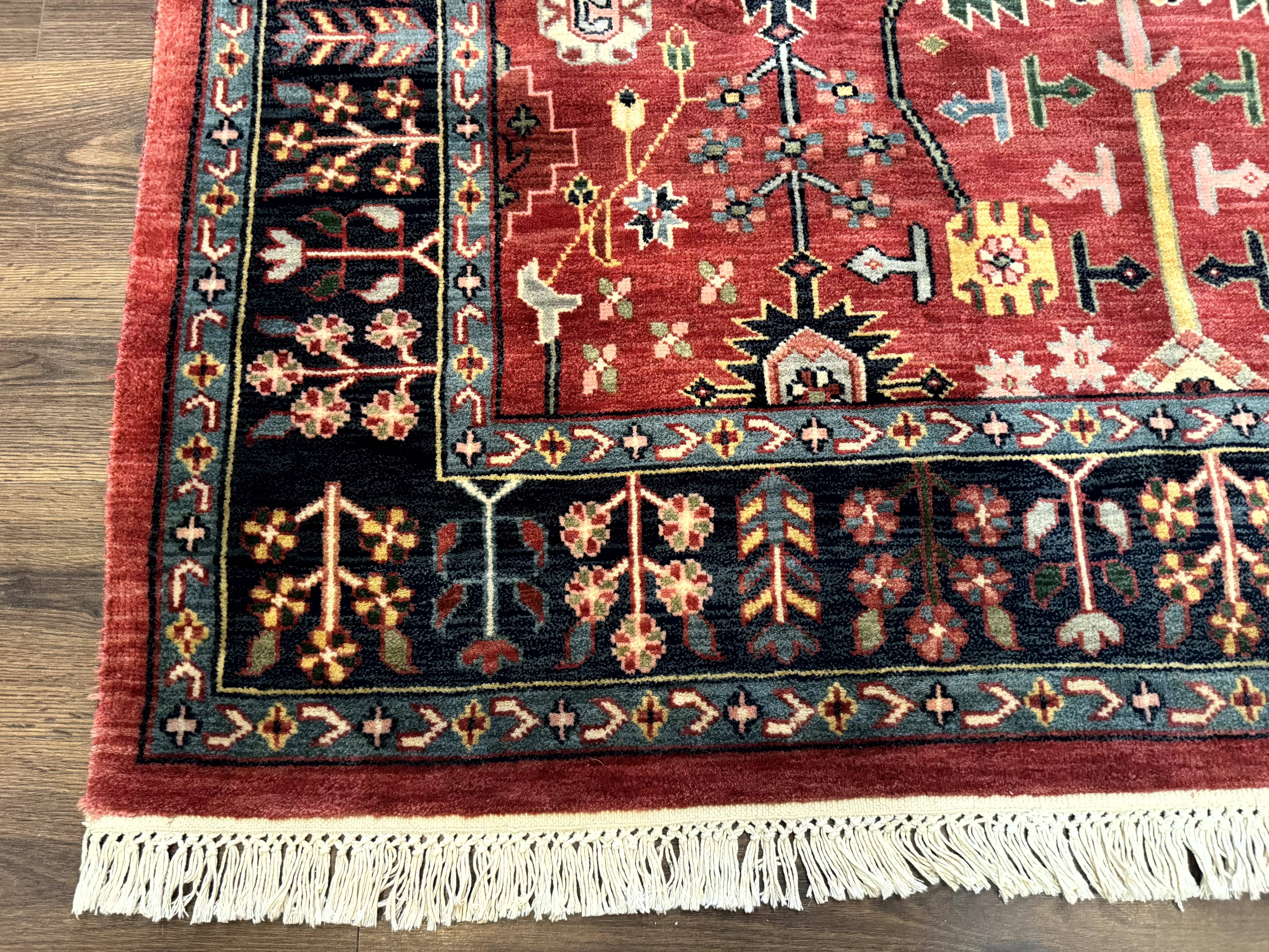 Indo Persian Heriz Serapi Rug 6x8, Rust Red and Navy Blue, Allover Pattern - Image 8