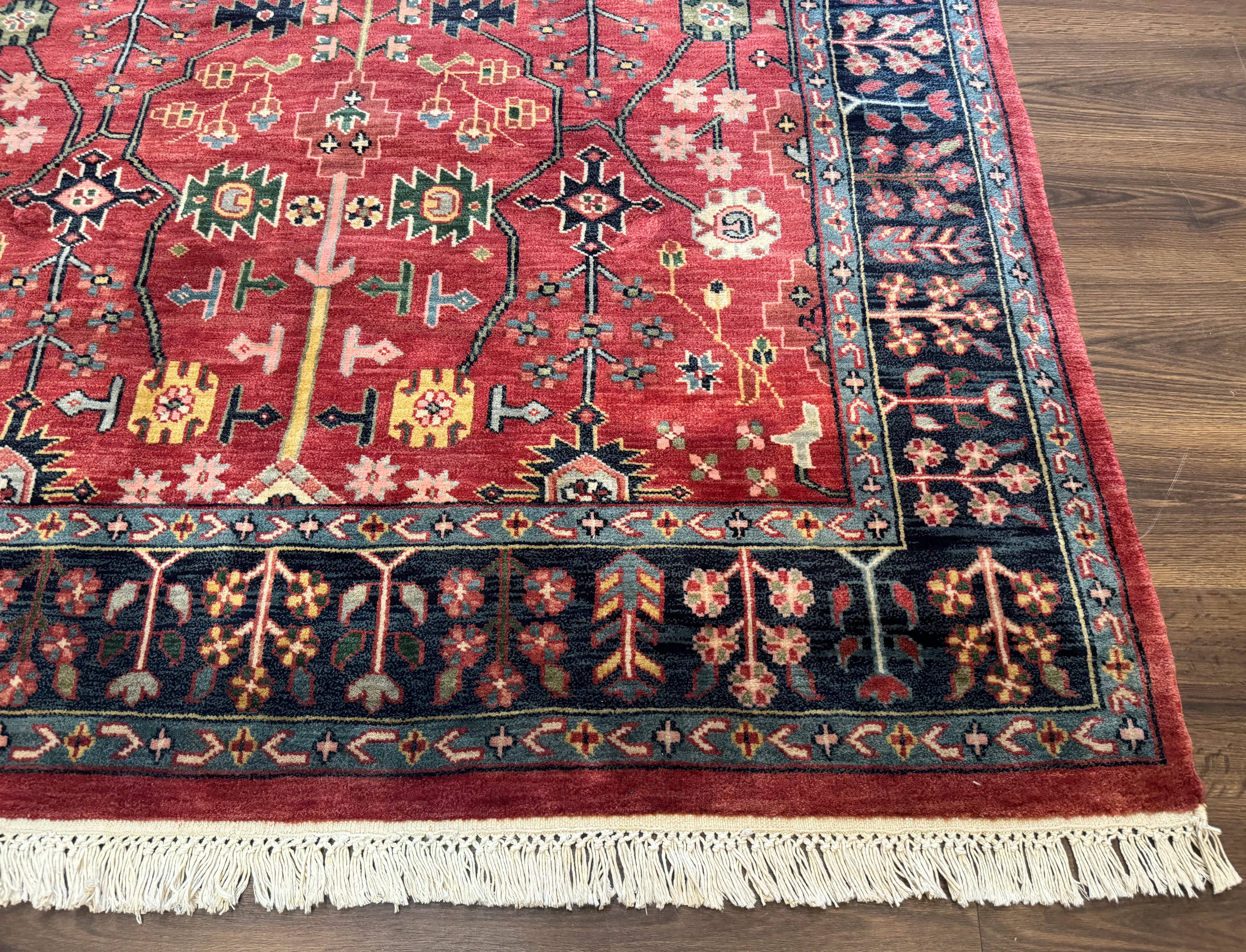 Indo Persian Heriz Serapi Rug 6x8, Rust Red and Navy Blue, Allover Pattern - Image 9