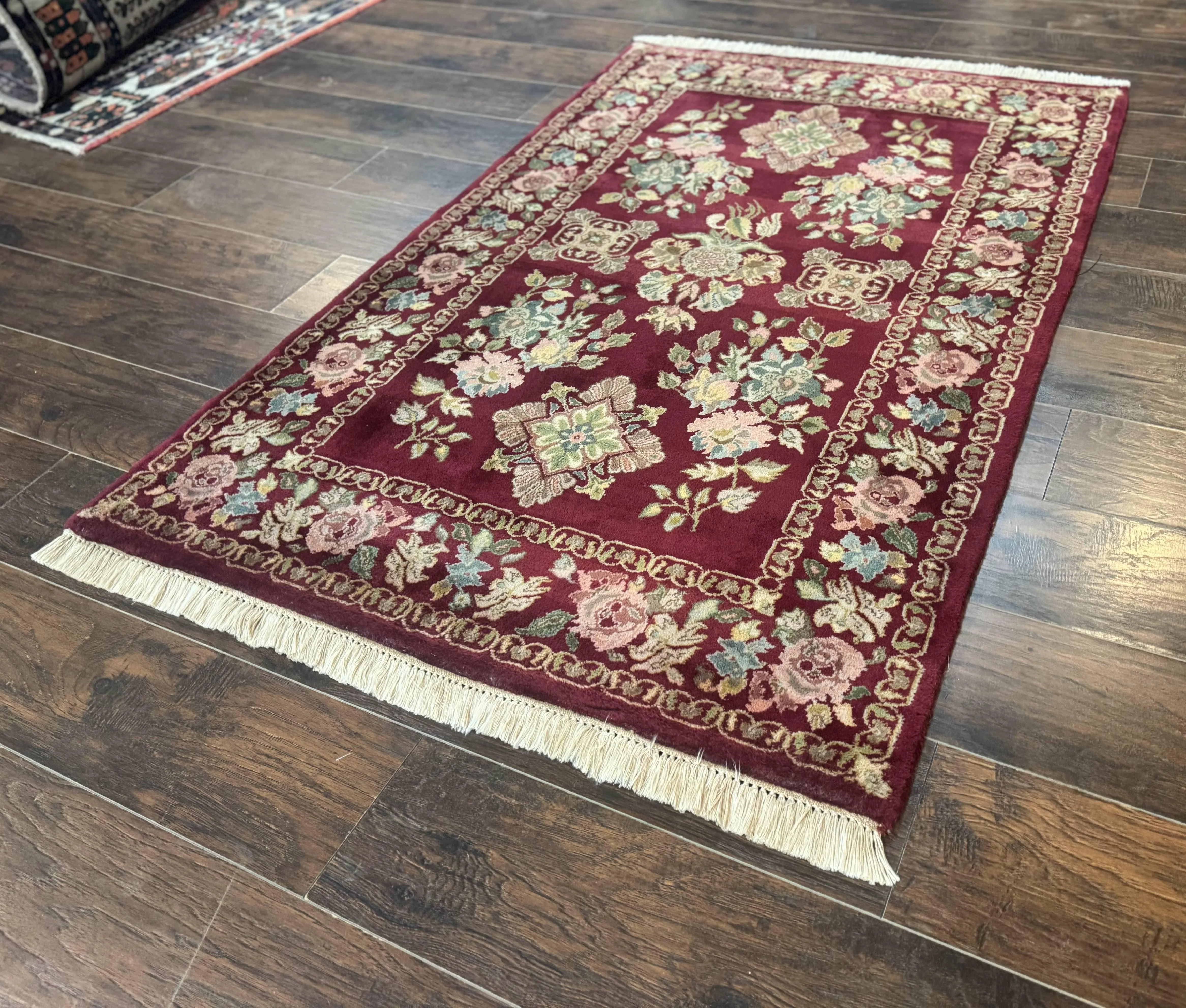Indo Persian Kerman Rug 4x6, Burgundy, Floral - Image 2