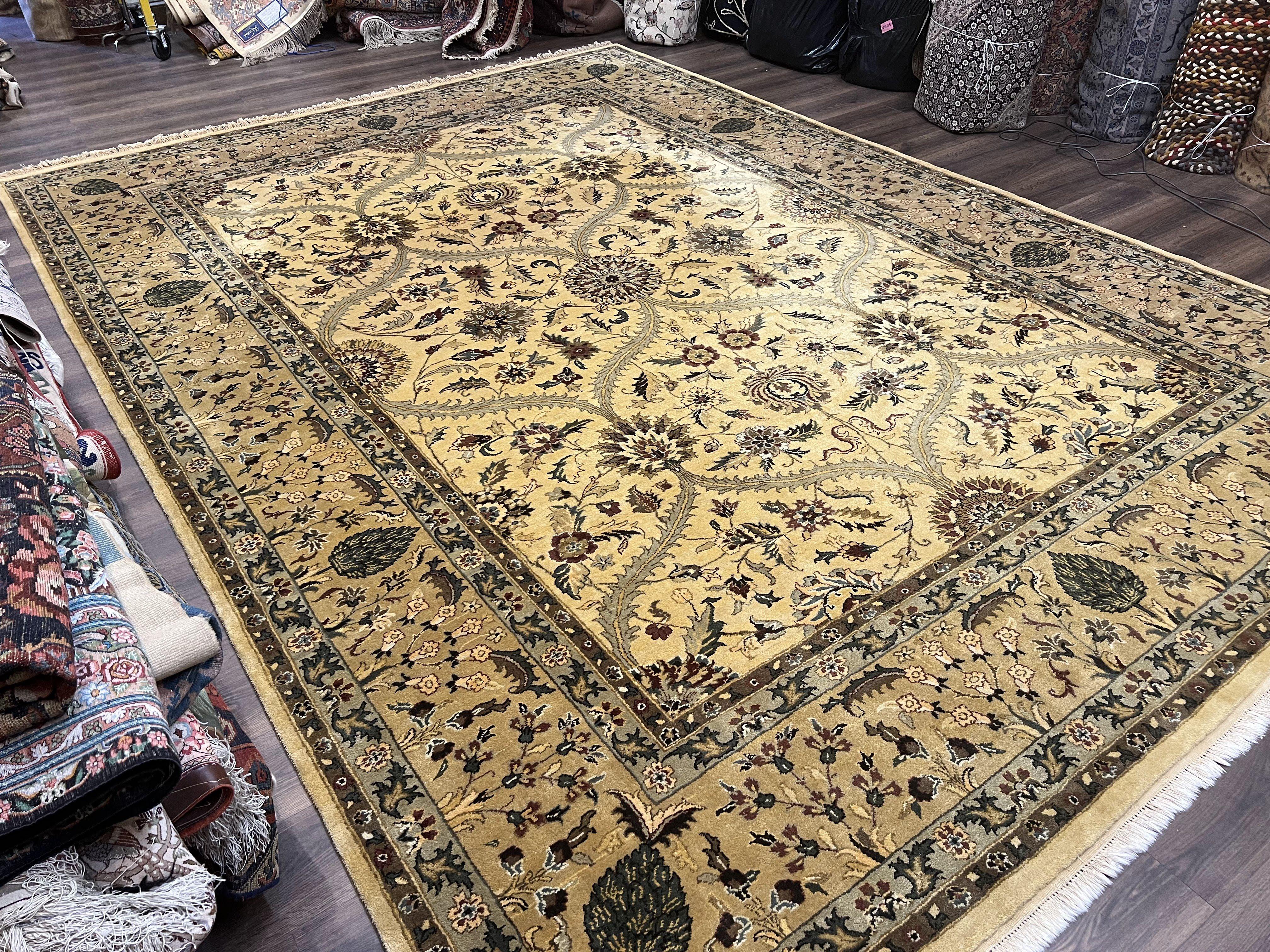 Indo Persian Mahal Rug 10x14, Wool Hand Knotted Oriental Carpet, Cream Floral Allover, Vintage Area Rug 10 x 14, Traditional Rug, Handmade - Image 11