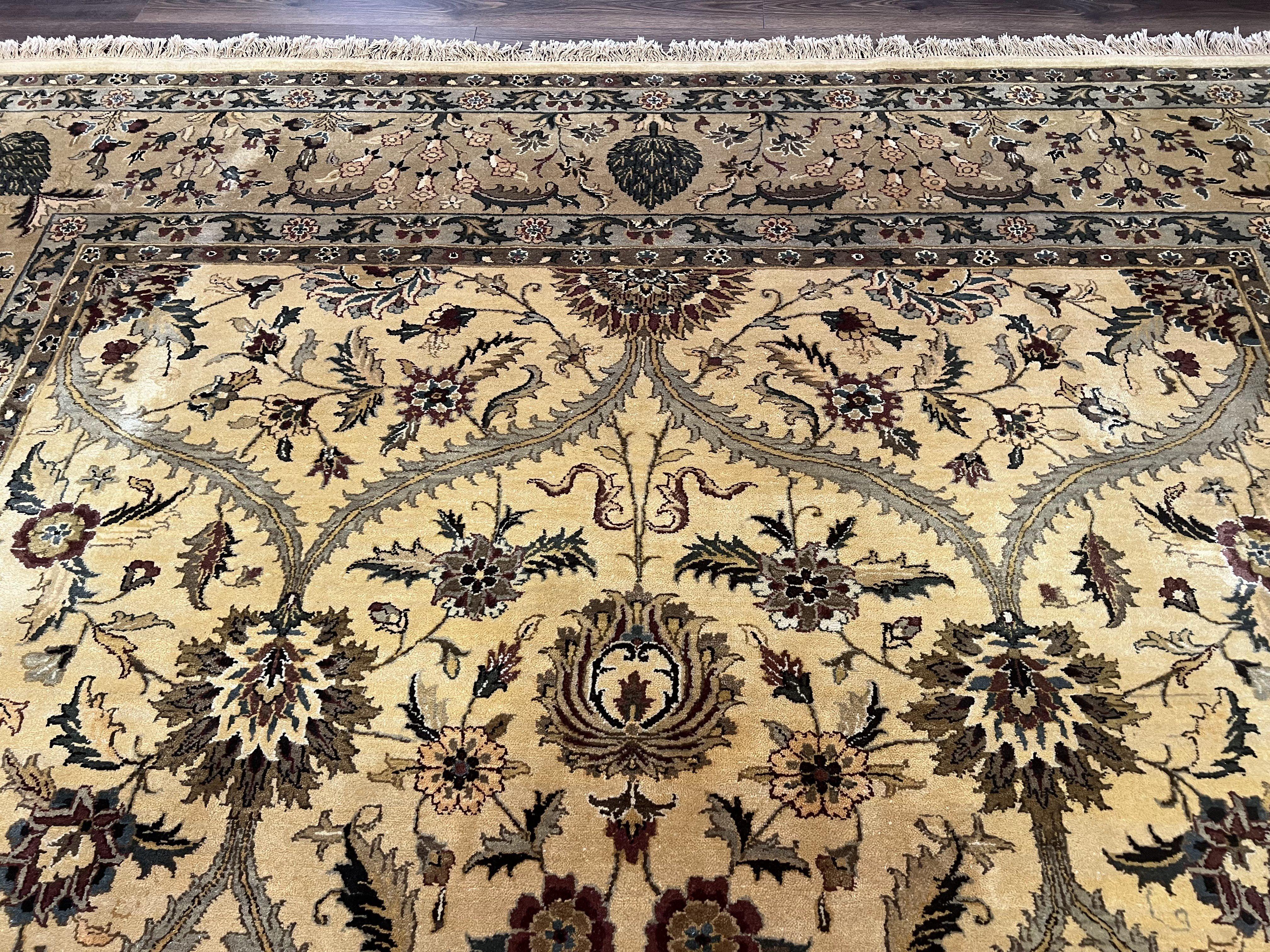 Indo Persian Mahal Rug 10x14, Wool Hand Knotted Oriental Carpet, Cream Floral Allover, Vintage Area Rug 10 x 14, Traditional Rug, Handmade - Image 3