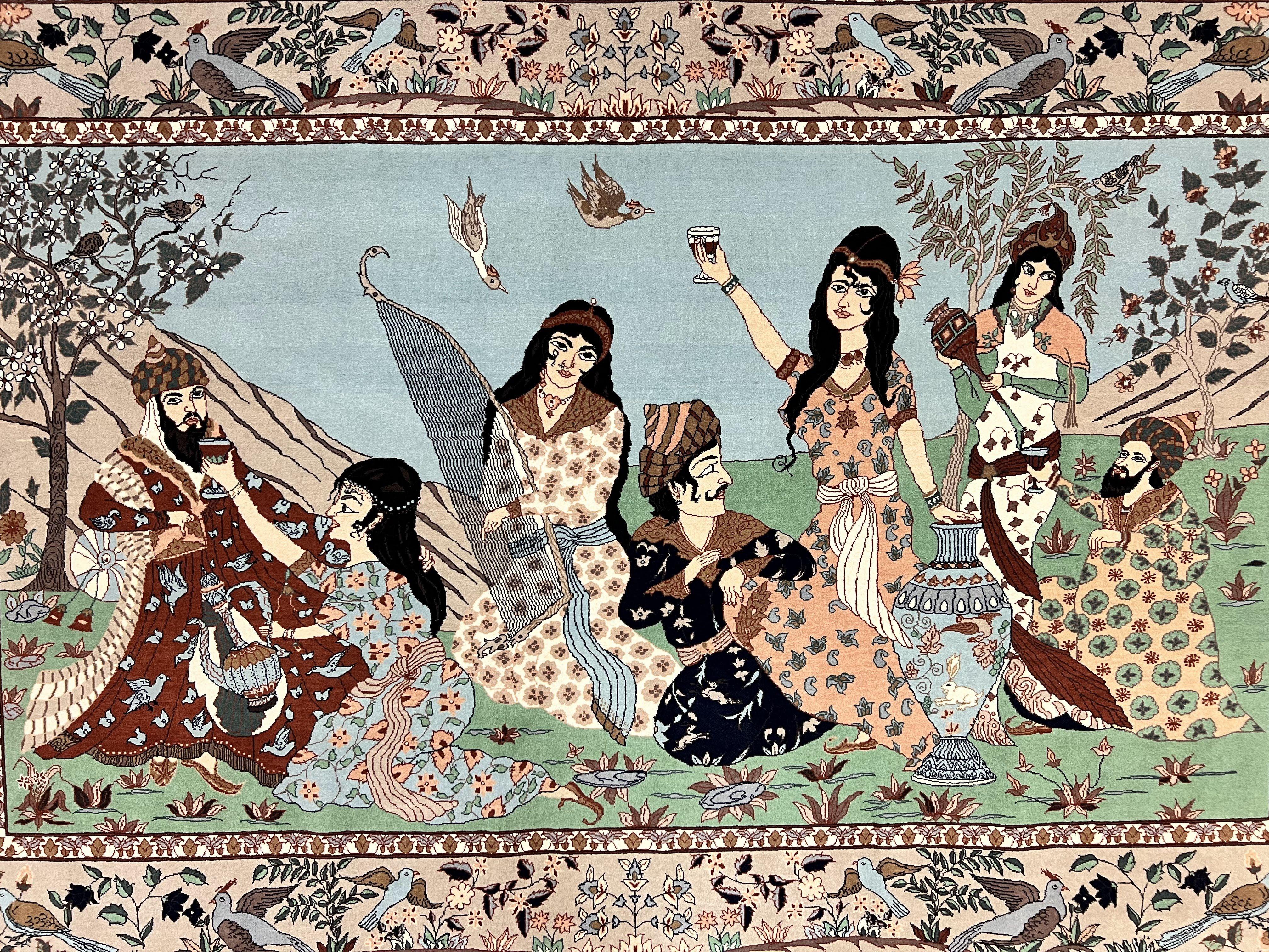 Indo Persian Pictorial Rug 4x7, Handmade Hand Knotted Wool Semi Antique Horizontal Carpet, Men & Women Drinking, Fine Rug, Bird Pictorials - Image 4