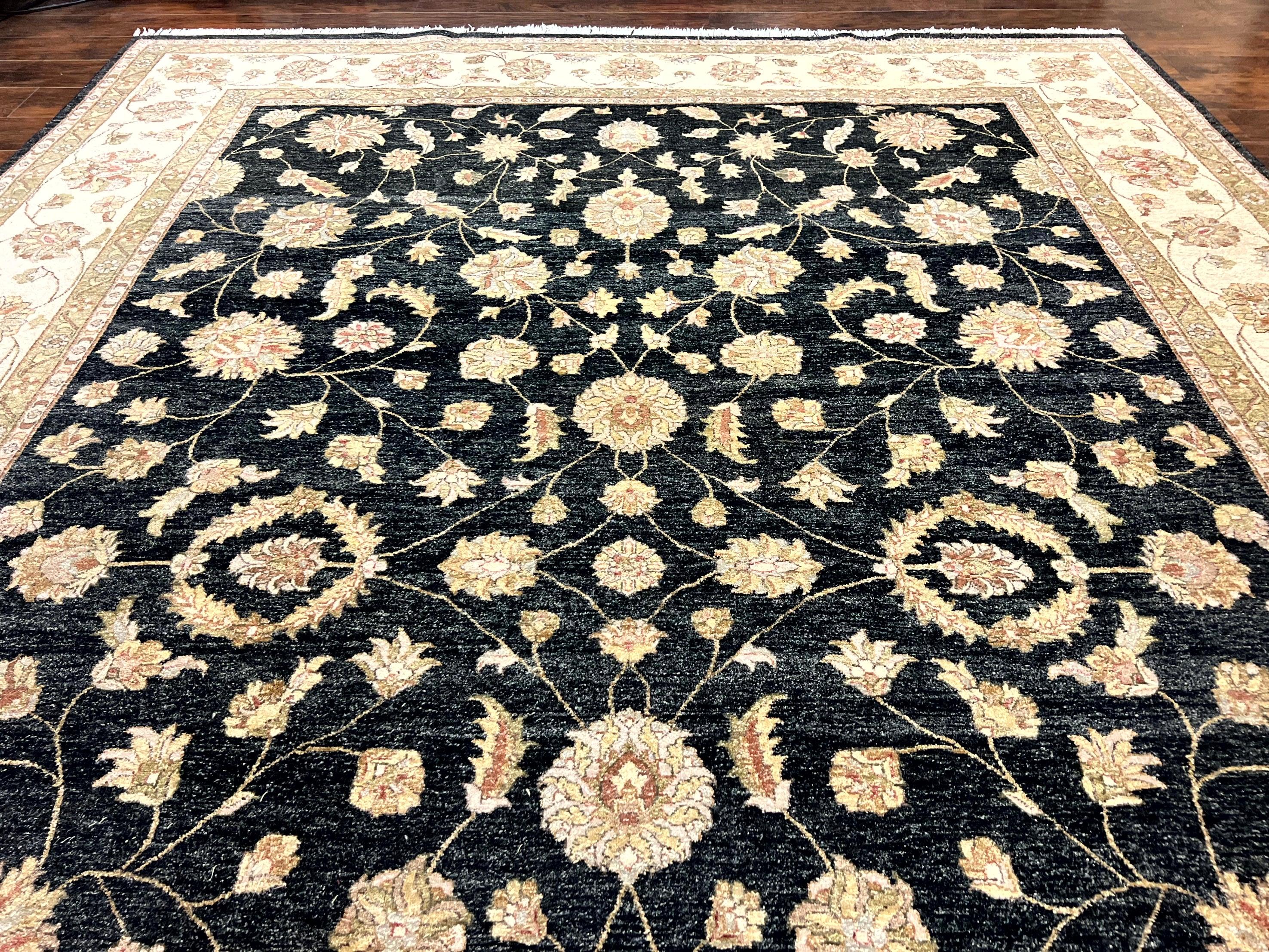 Indo Persian Rug 10x14, Charcoal and Beige, Floral Allover, Handmade Vintage Wool Carpet - Image 4