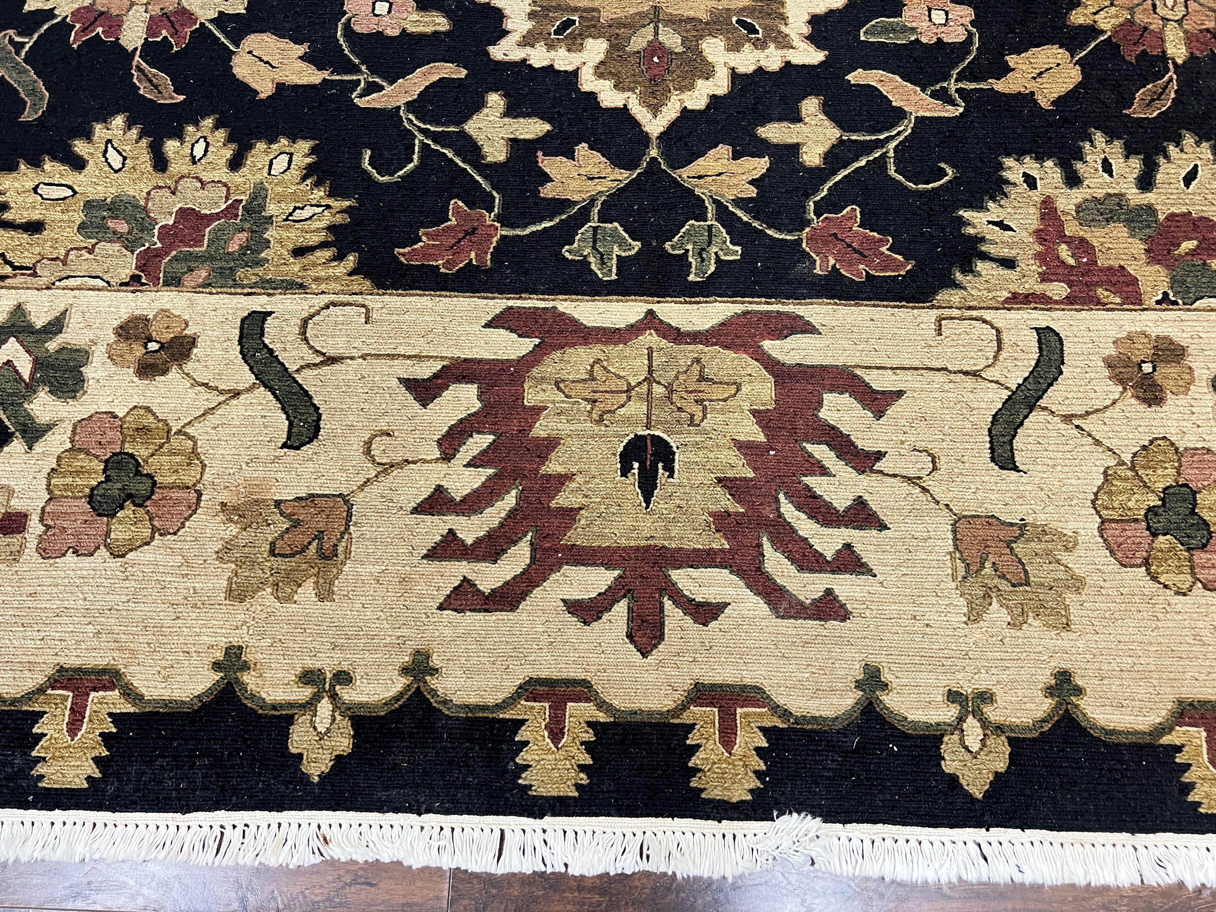 Indo Persian Rug 10x14, Wool Handmade Room Sized Floral Oriental Carpet, Indian Mahal Flatweave Rug, Black Beige - Image 5