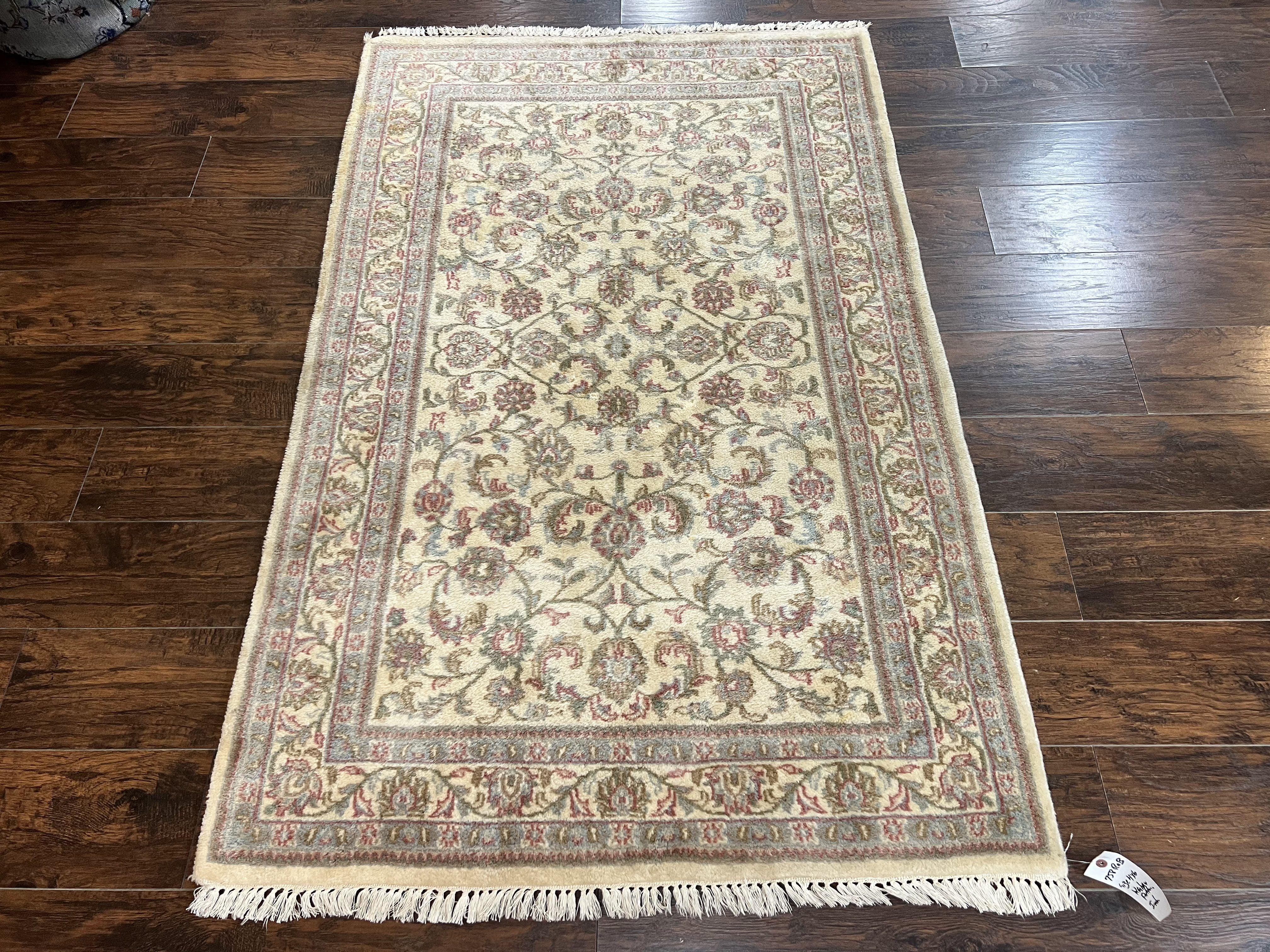 Indo Persian Rug 4x6, Vintage Handmade Wool Carpet, Floral Allover Pattern, Beige, Pair B - Image 12
