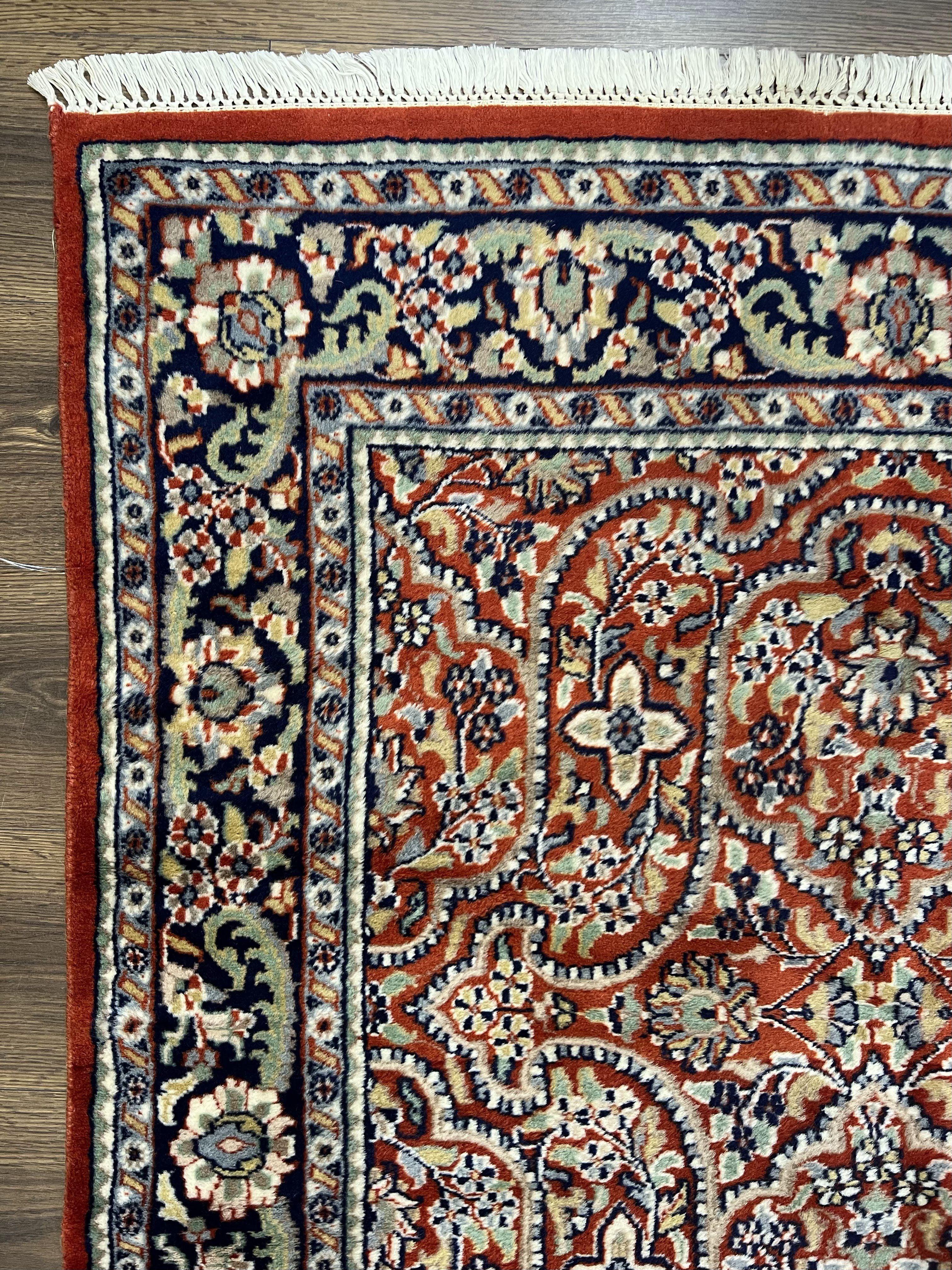 Indo Persian Rug 4x7, Allover Floral Oriental Carpet, Red and Navy Blue, Hand Knotted Indian Kashmiri Traditional Vintage Area Rug 4 x 7 ft - Image 6