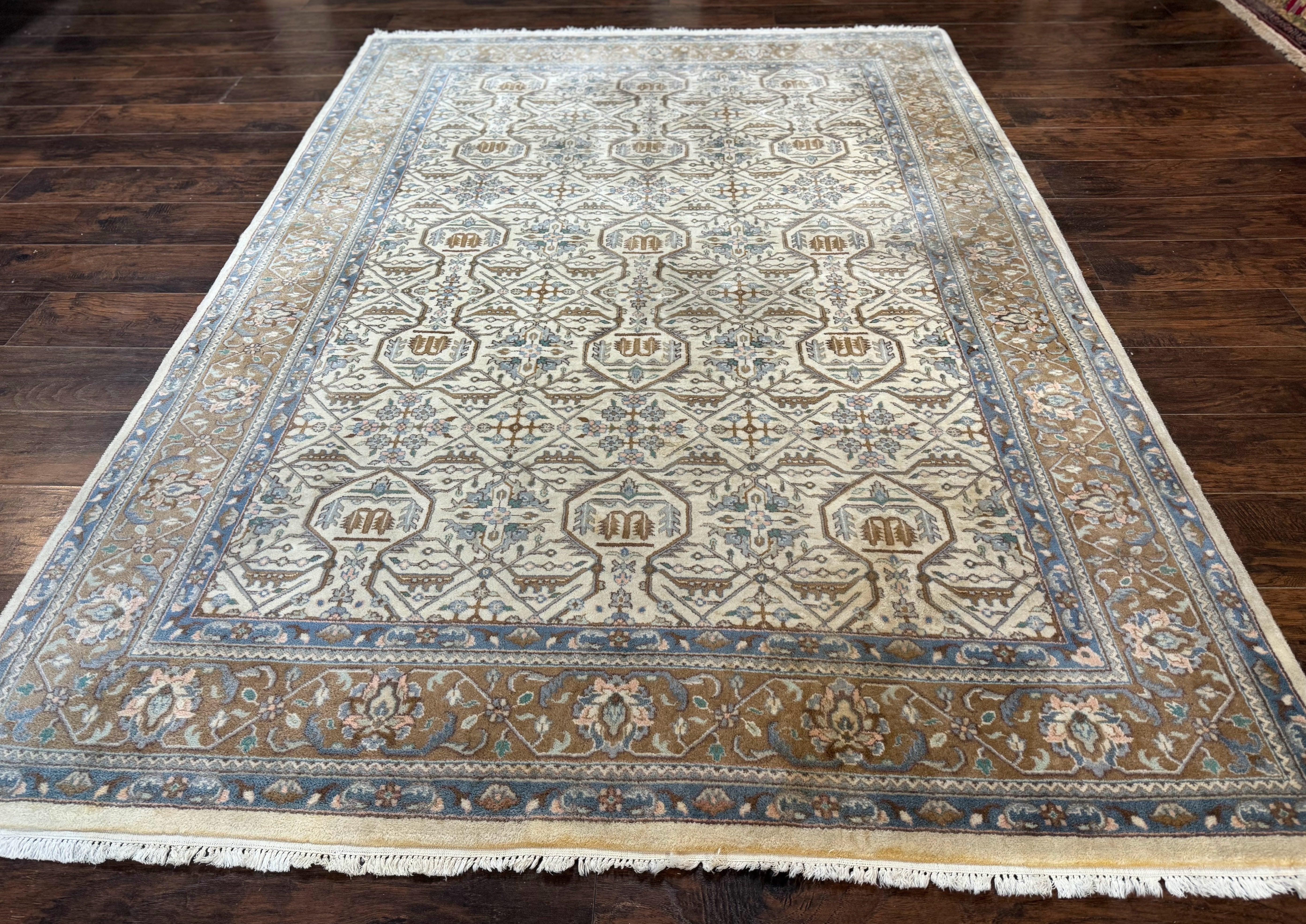 Indo Persian Rug 6x9, Beige, Allover Pattern, Vintage Wool Oriental Carpet