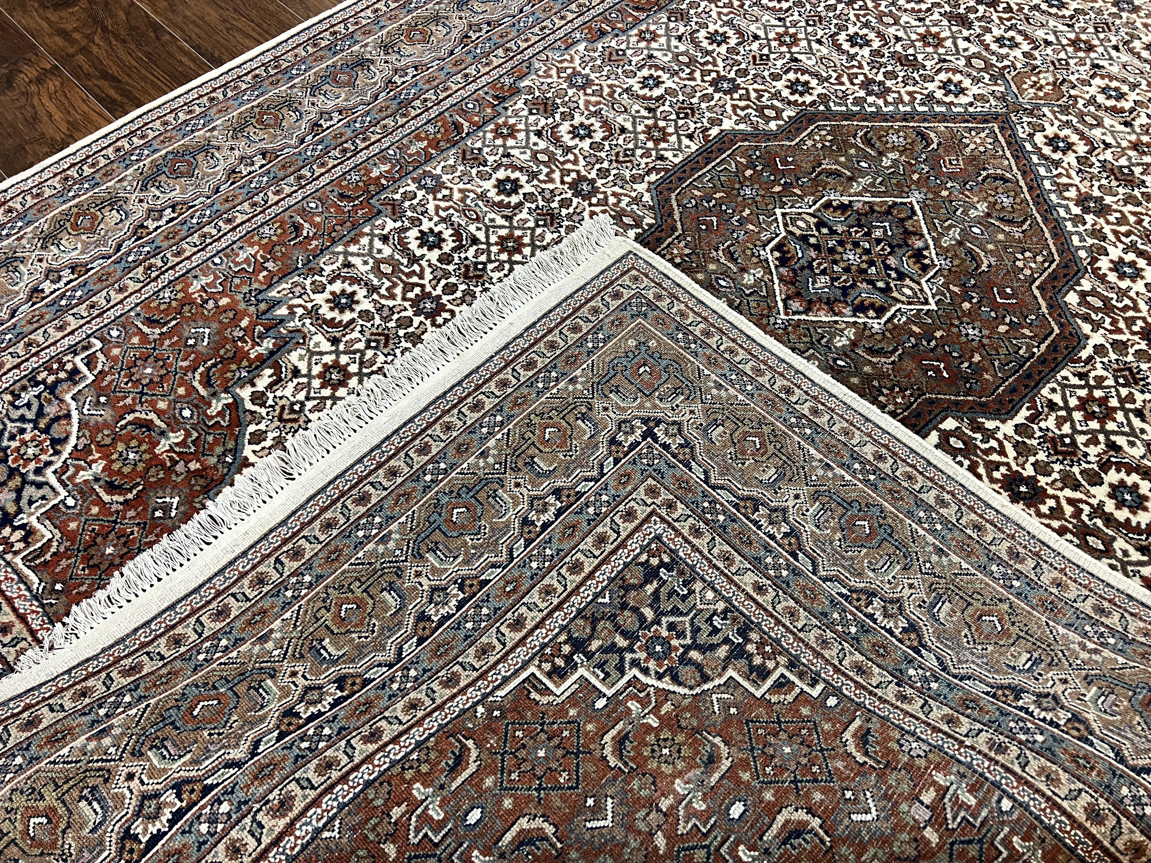Indo Persian Rug 7x10 ft, Hand Knotted Wool Vintage Oriental Carpet 7 x 10, Traditional Handmade Herati Bidjar Cream Rug, Medallion Rug - Image 10