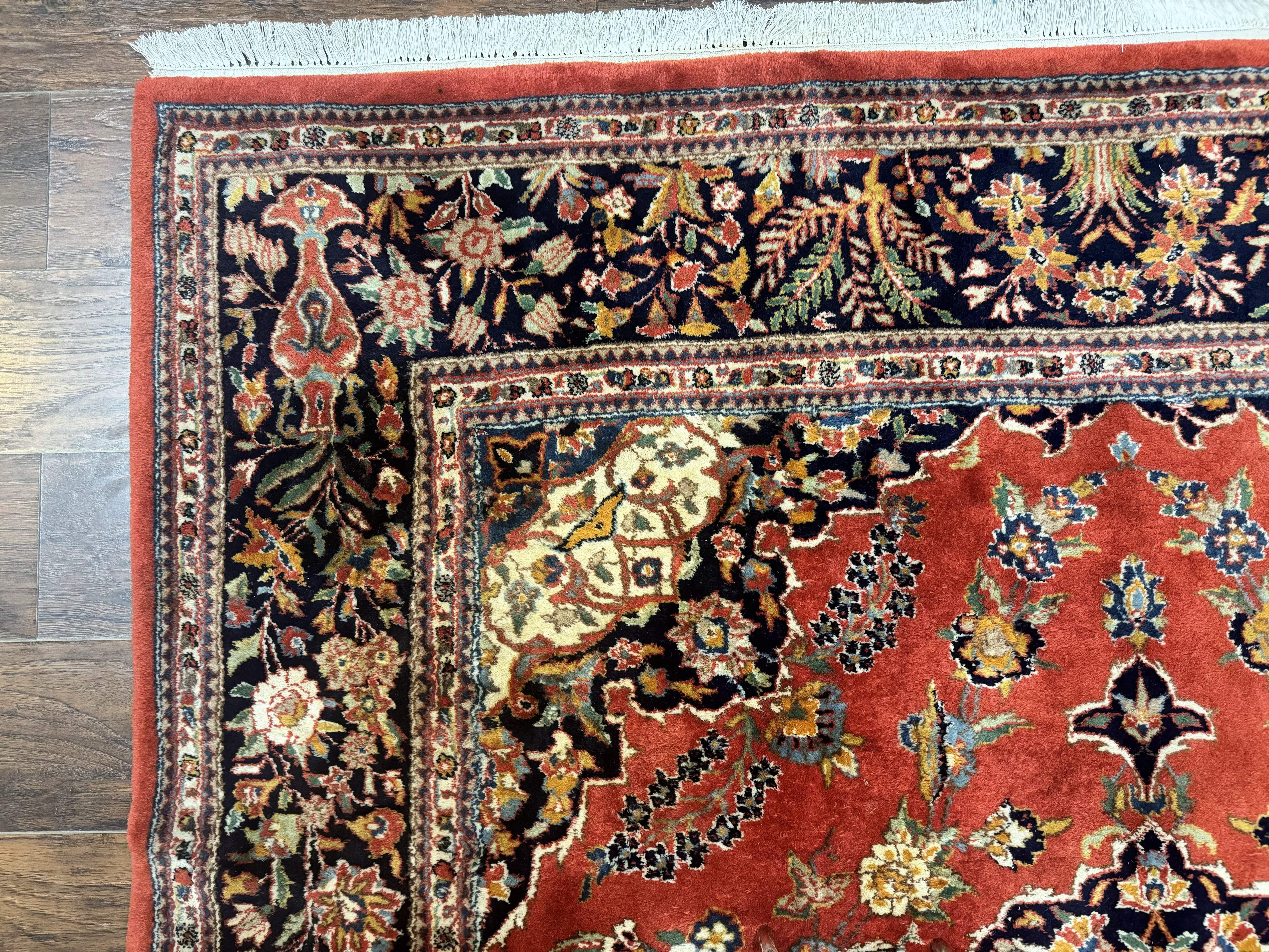 Indo Persian Rug 7x10, Vintage Handmade Wool Carpet, Floral Medallion Traditional Rug, Red and Midnight Blue - Image 6